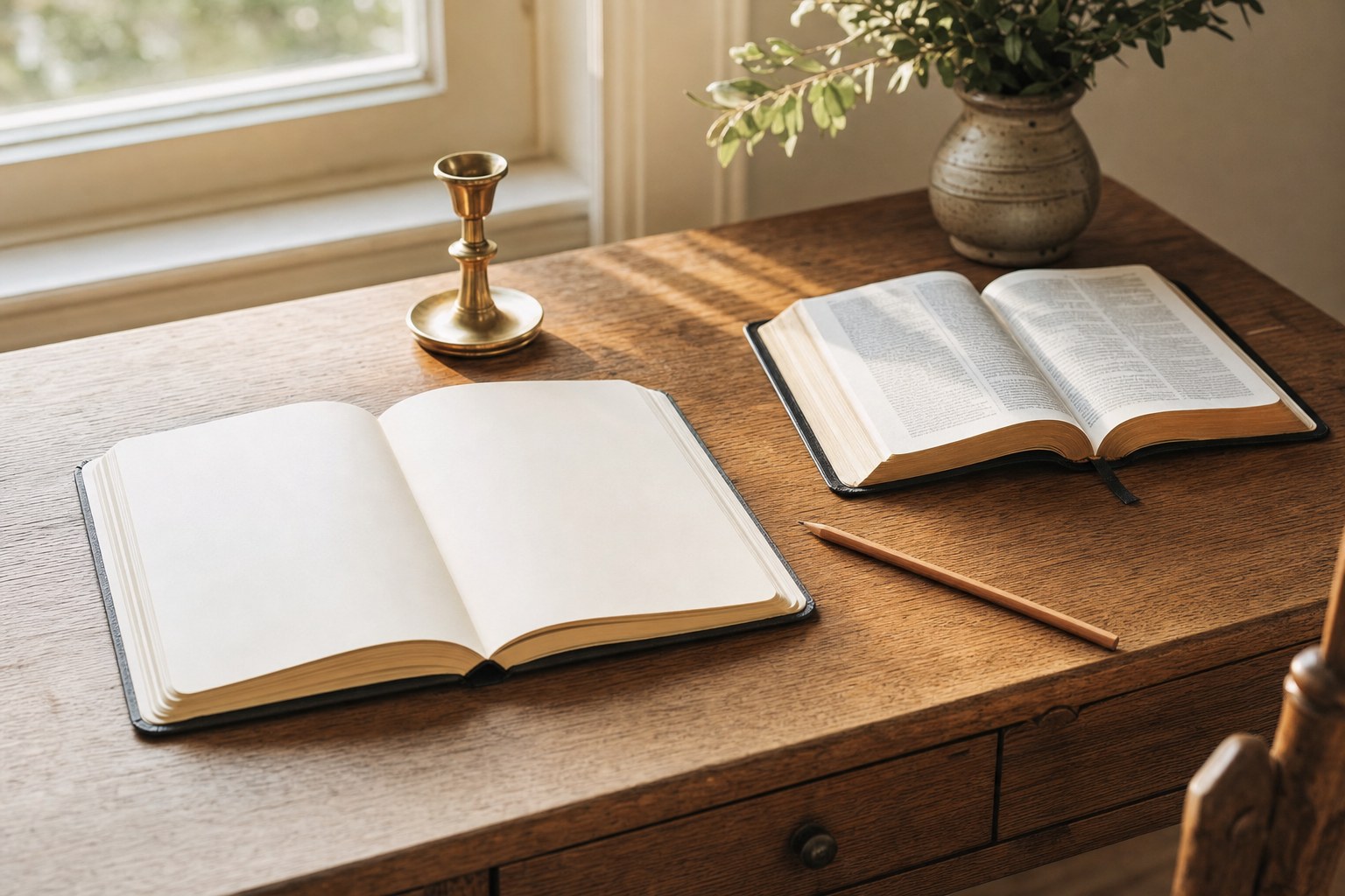 Open prayer journal, Bible, and pencil on a sunlit wooden desk