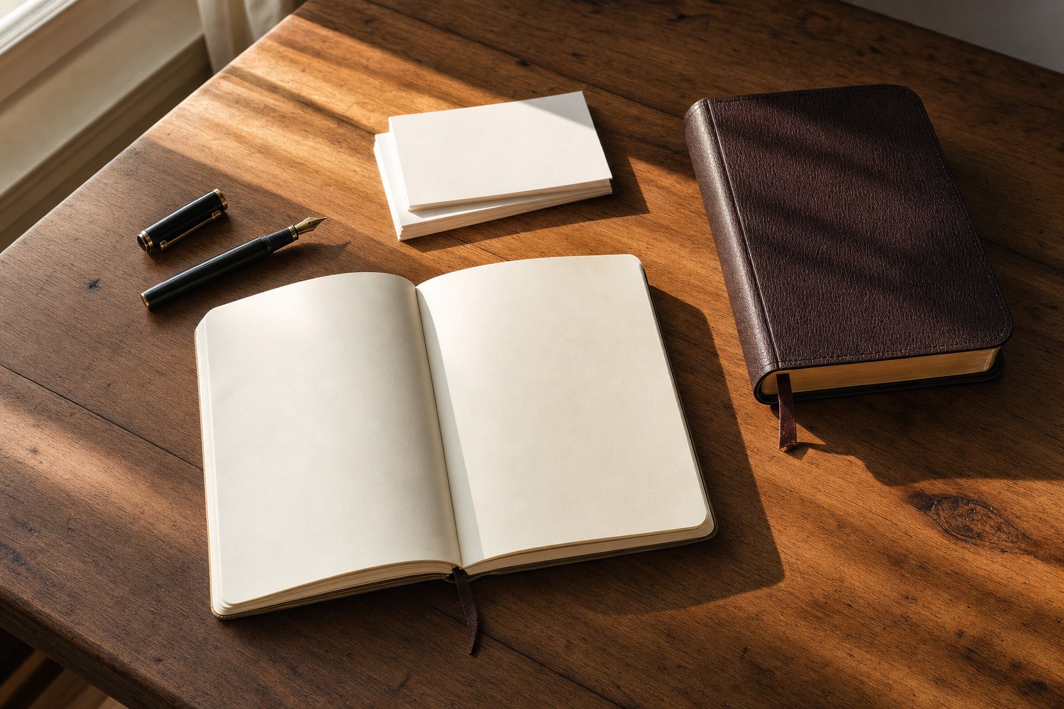 Blank journal, pen, note cards, and Bible arranged on a wooden table