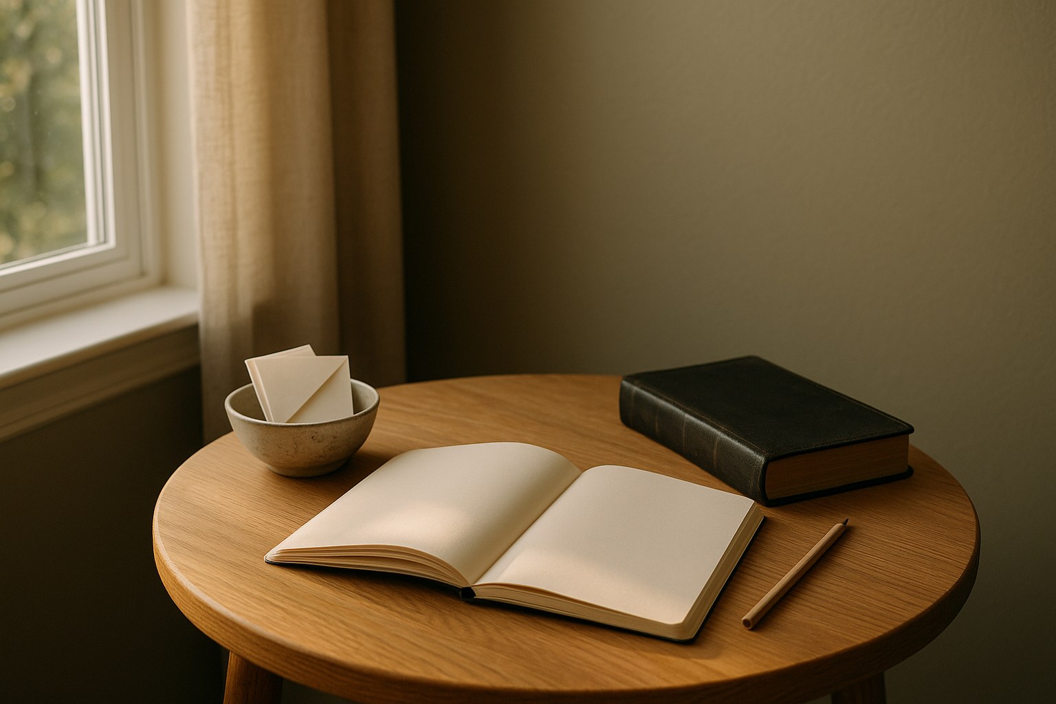Open prayer journal, folded note cards, and Bible on a round wooden table