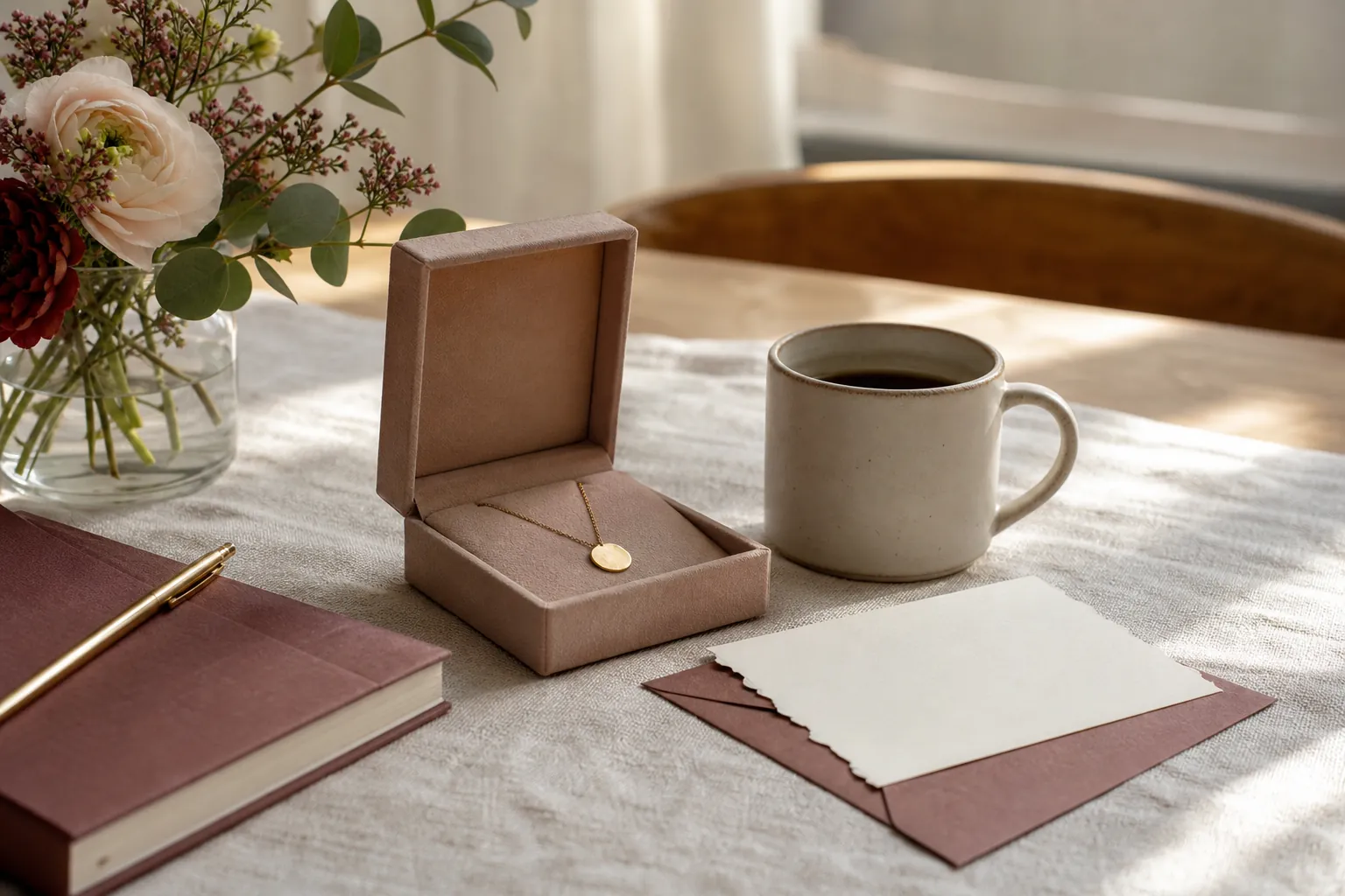 An unbranded jewelry gift box, necklace, journal, and handwritten note on a sunlit table