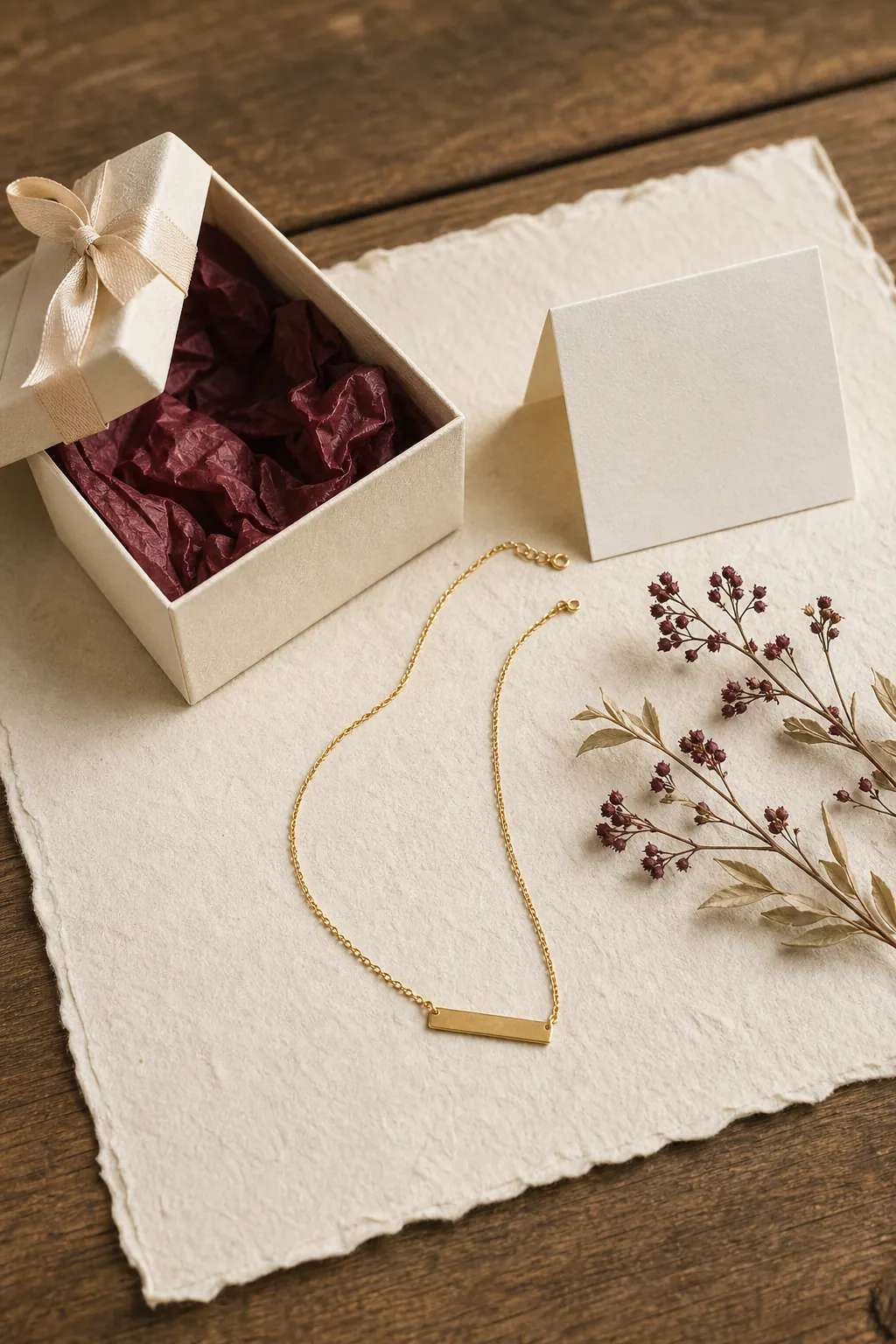 A simple gold-tone necklace beside a blank note card and wrapped gift box