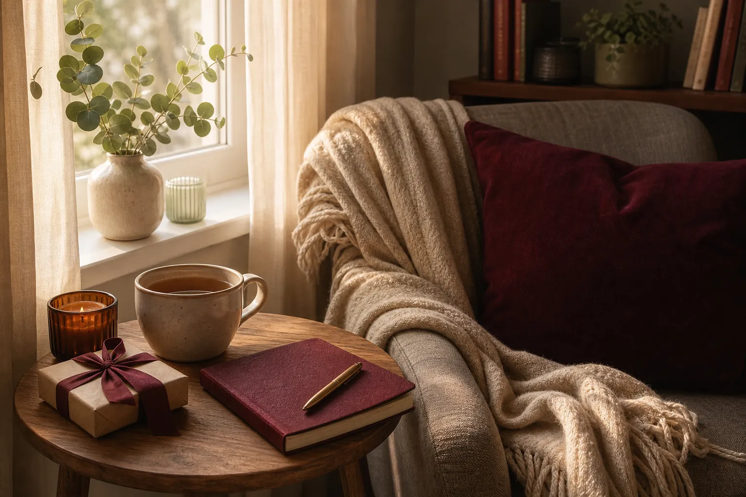 A quiet reading nook with a journal, tea, and a wrapped gift