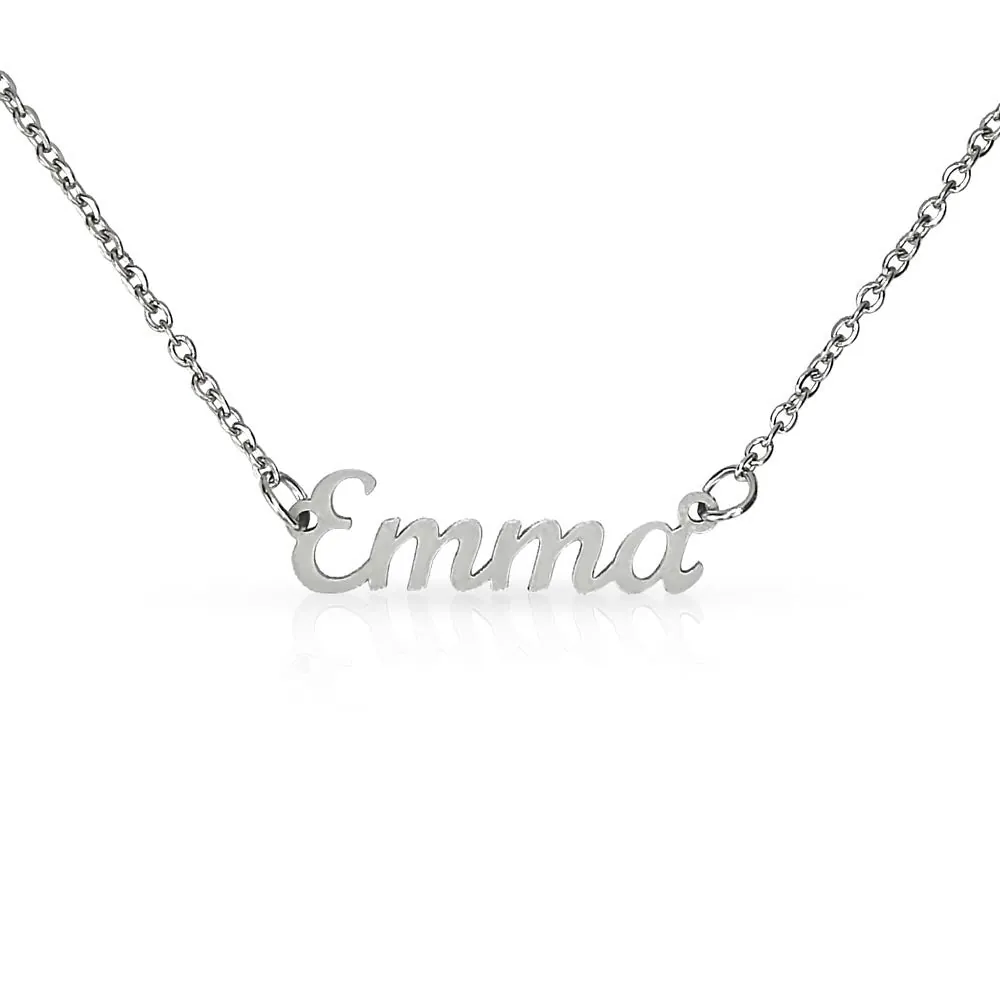 Gold personalized name necklace on a gift-ready card