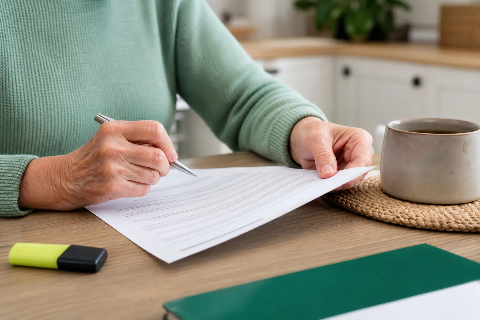 A person reviewing plan paperwork at a kitchen table with a pen and coffee mug