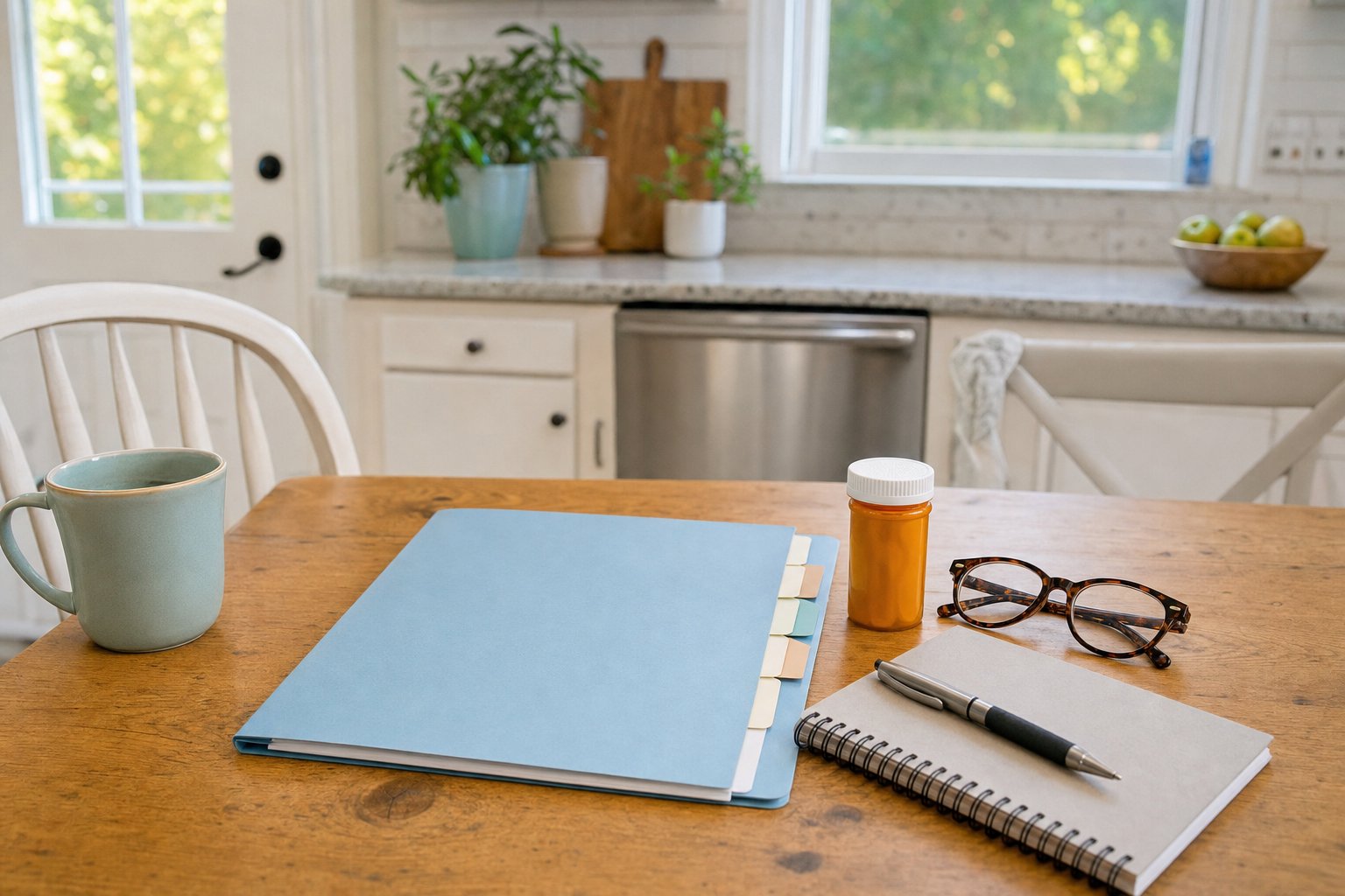 Plan folder, prescription bottle, glasses, and notebook on a kitchen table