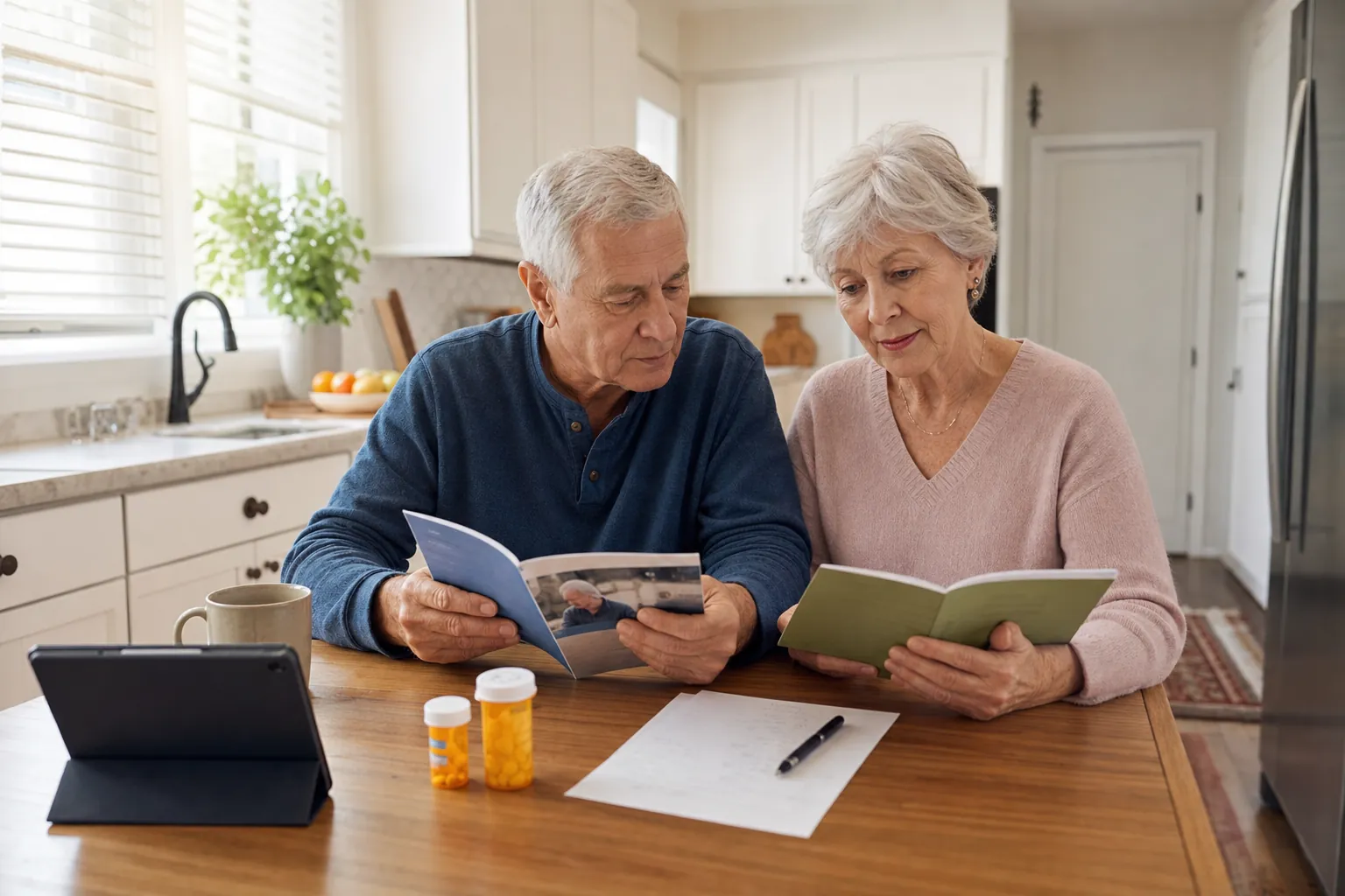 Older couple comparing health plan materials, prescriptions, and notes at their kitchen table