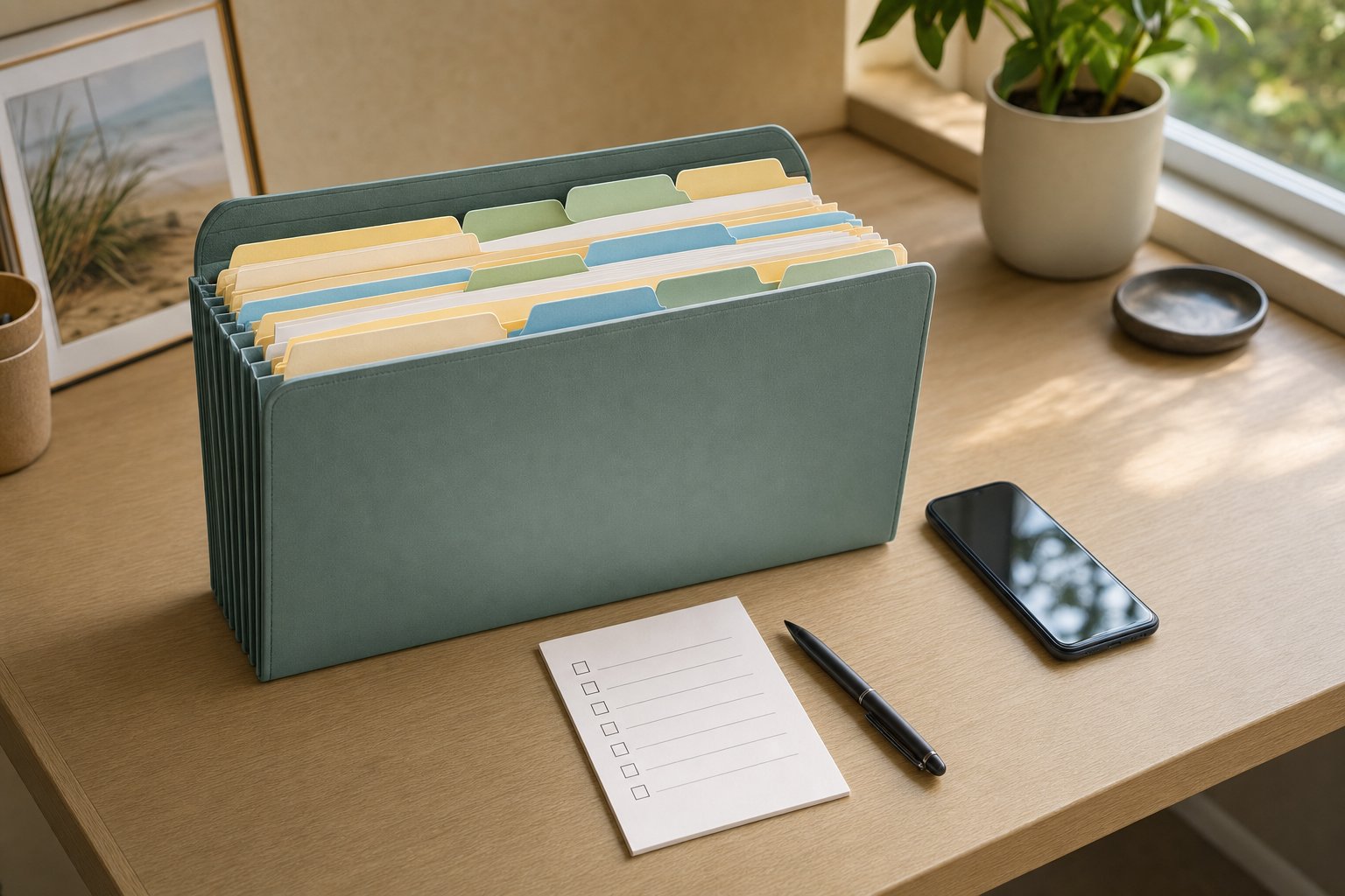 Organized folder with blank tabs, phone, and checklist on a desk