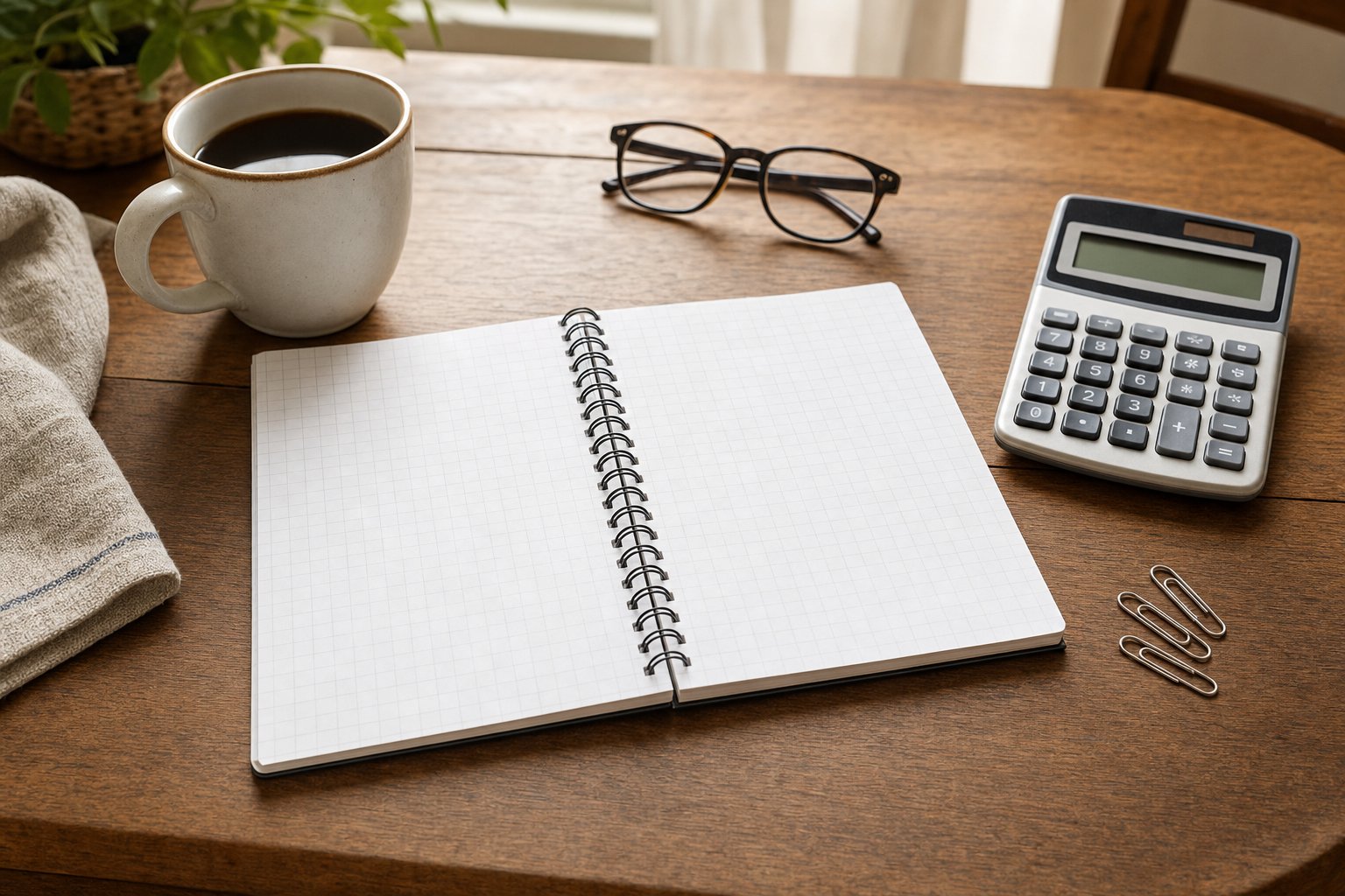 Blank budget notebook, calculator, glasses, and coffee on a table