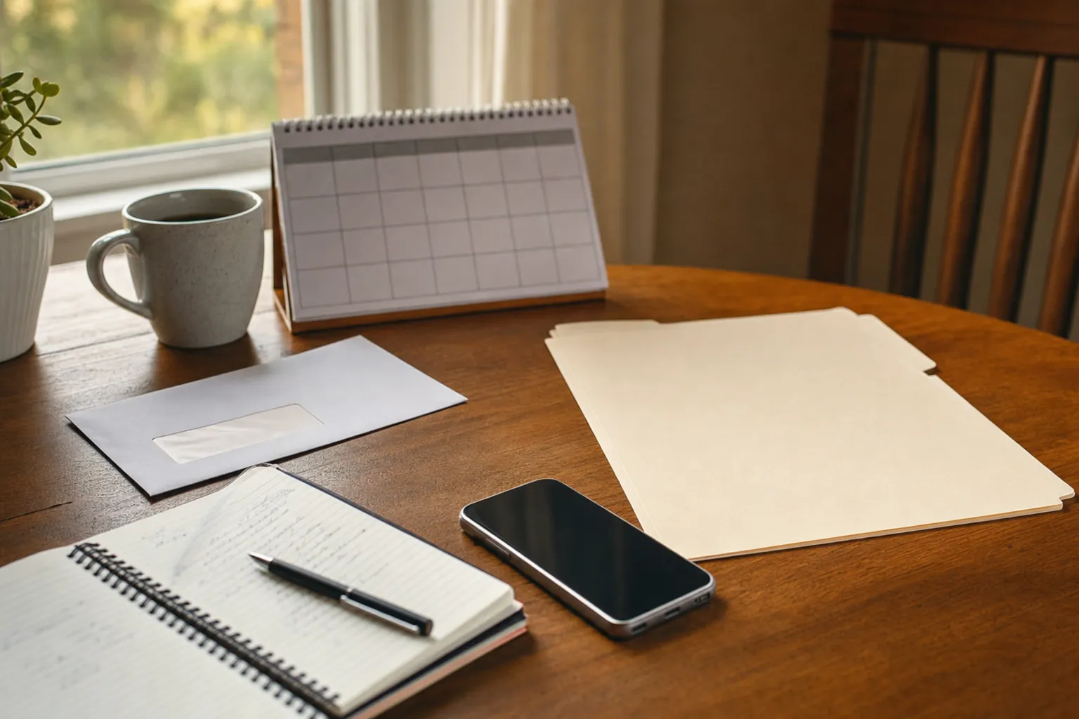 A calendar, envelope, phone, and file folder arranged on a home table for Medicare plan review