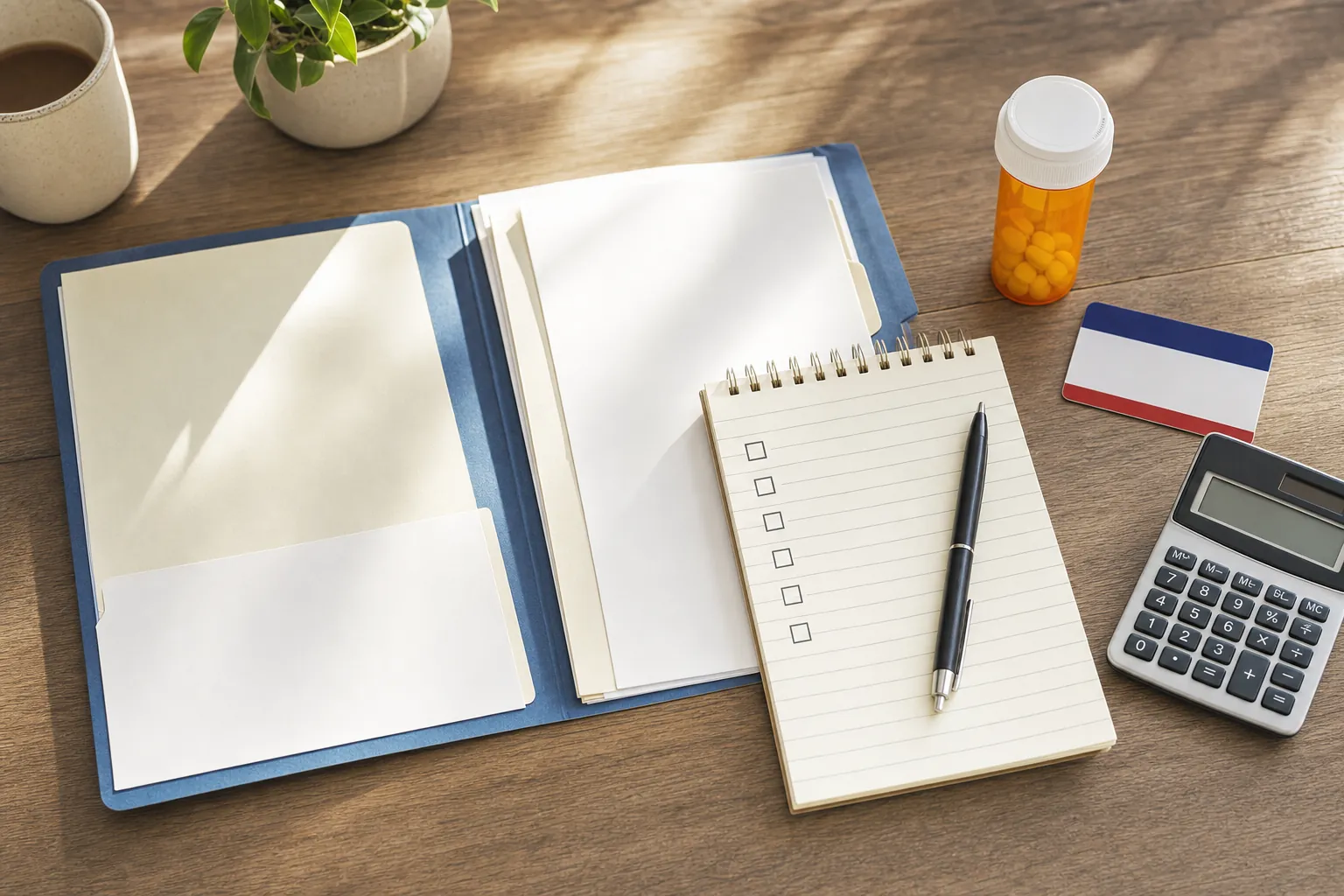 A prescription bottle, checklist, calculator, and folder arranged for a Medicare drug coverage review