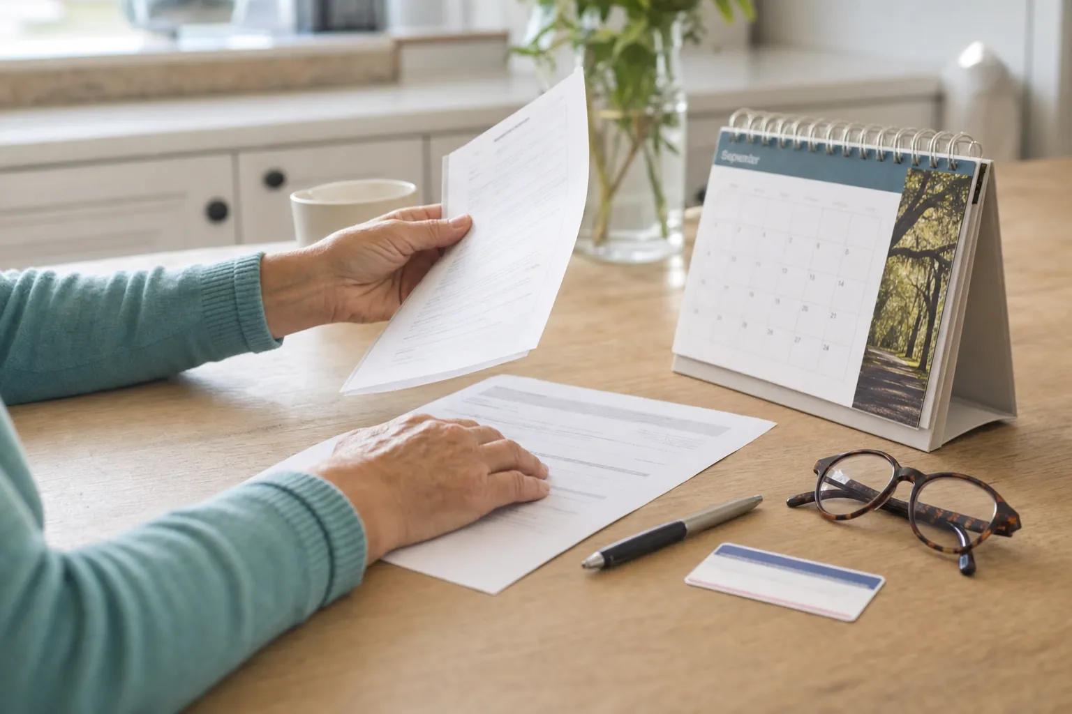 A person reviewing Medicare plan paperwork beside a September calendar at a kitchen table