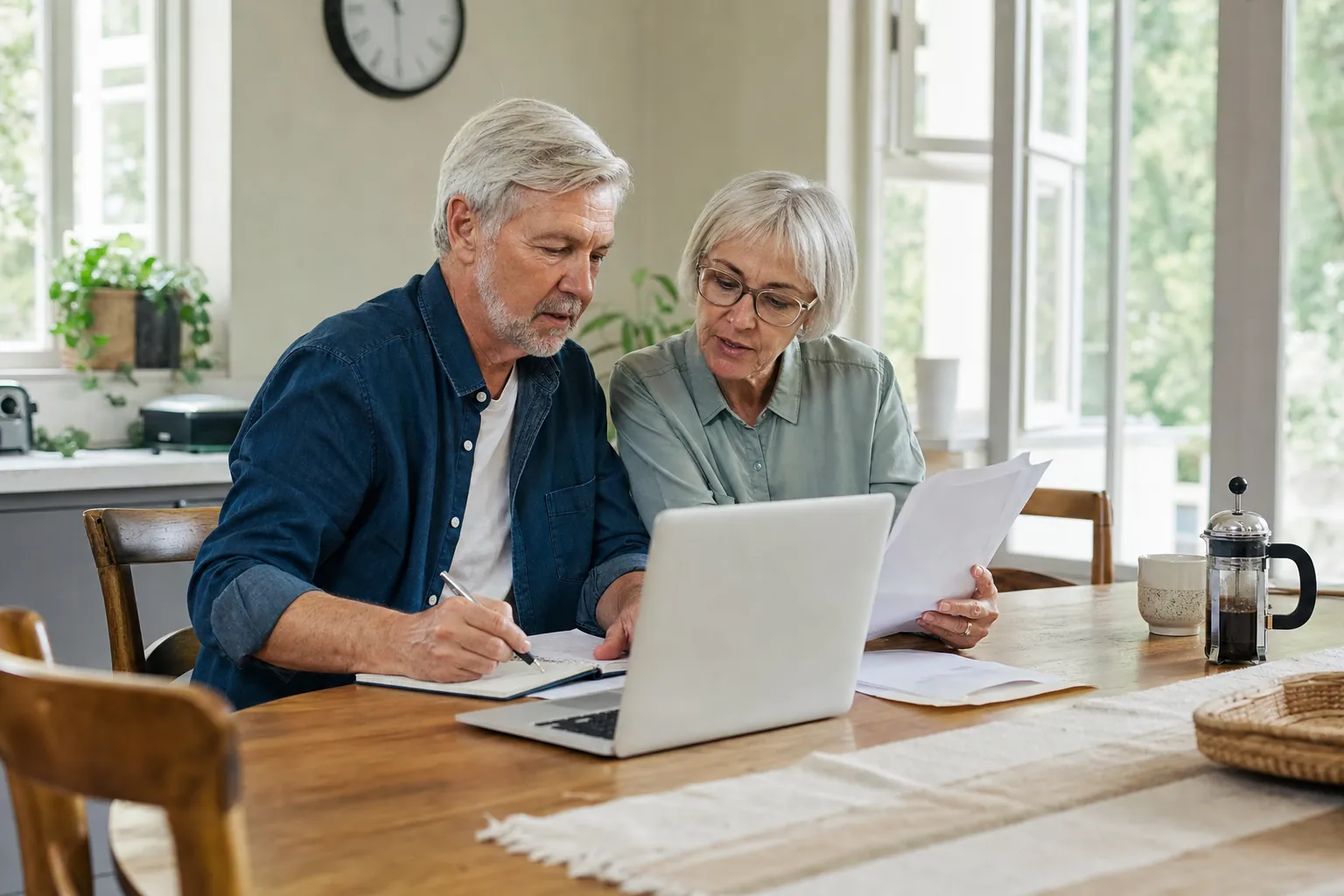 An older couple reviewing health plan papers together at their dining table
