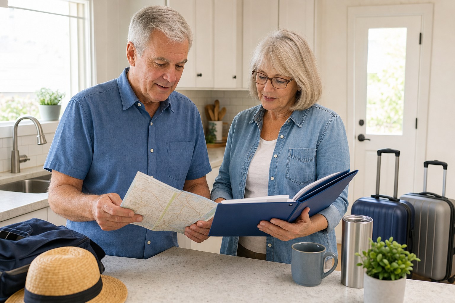 Older couple reviewing travel plans and health information before a trip