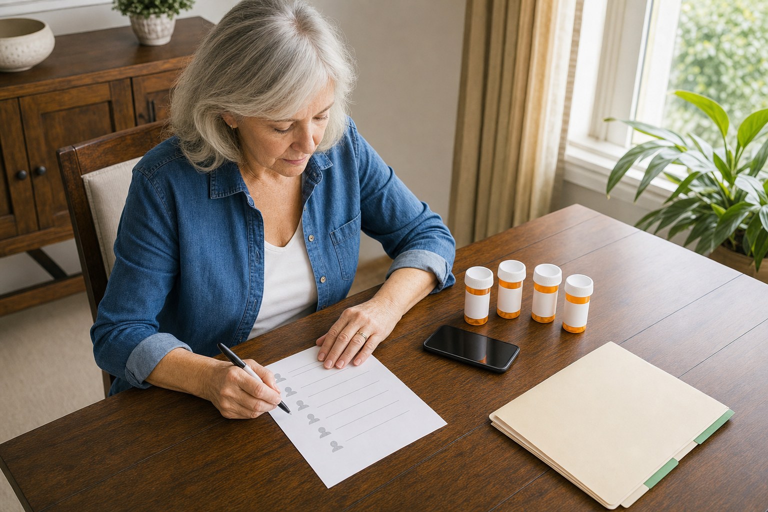 Older woman reviewing a doctor list and medication bottles at home