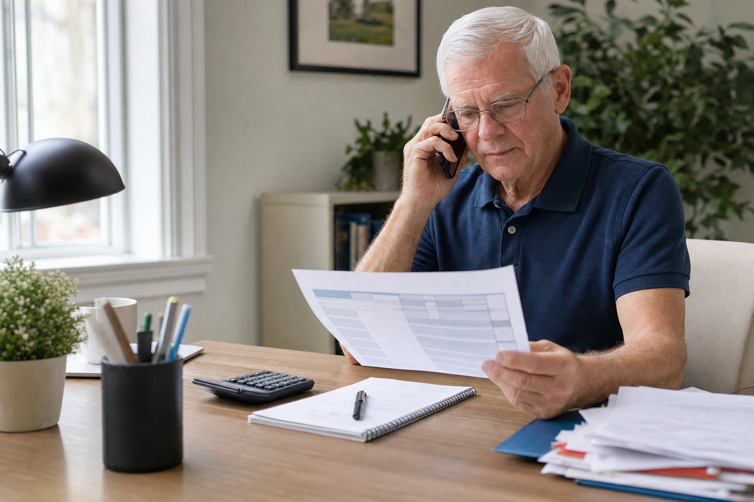 Older man reviewing plan costs and notes while speaking on the phone