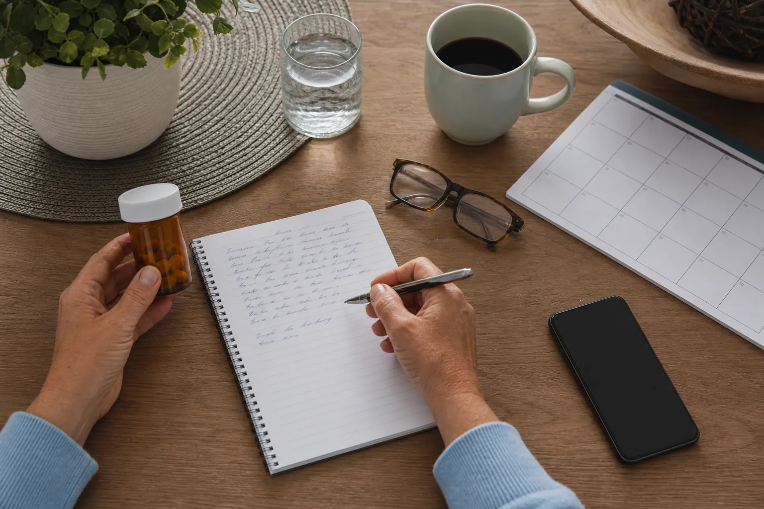 A person reviewing medication, calendar, and plan notes at a home table