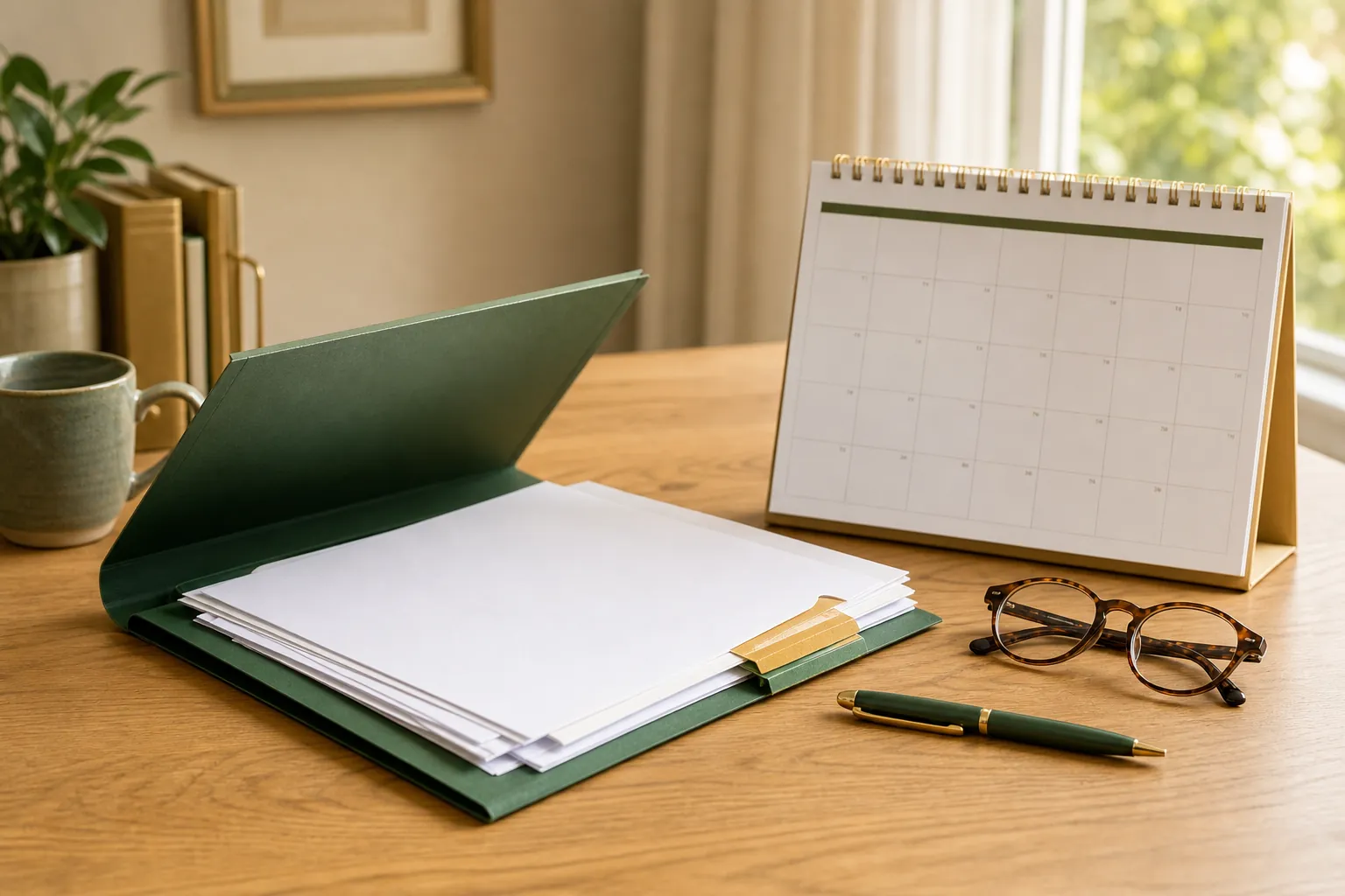 A folder of Medicare plan papers, a calendar, glasses, and a pen on a desk