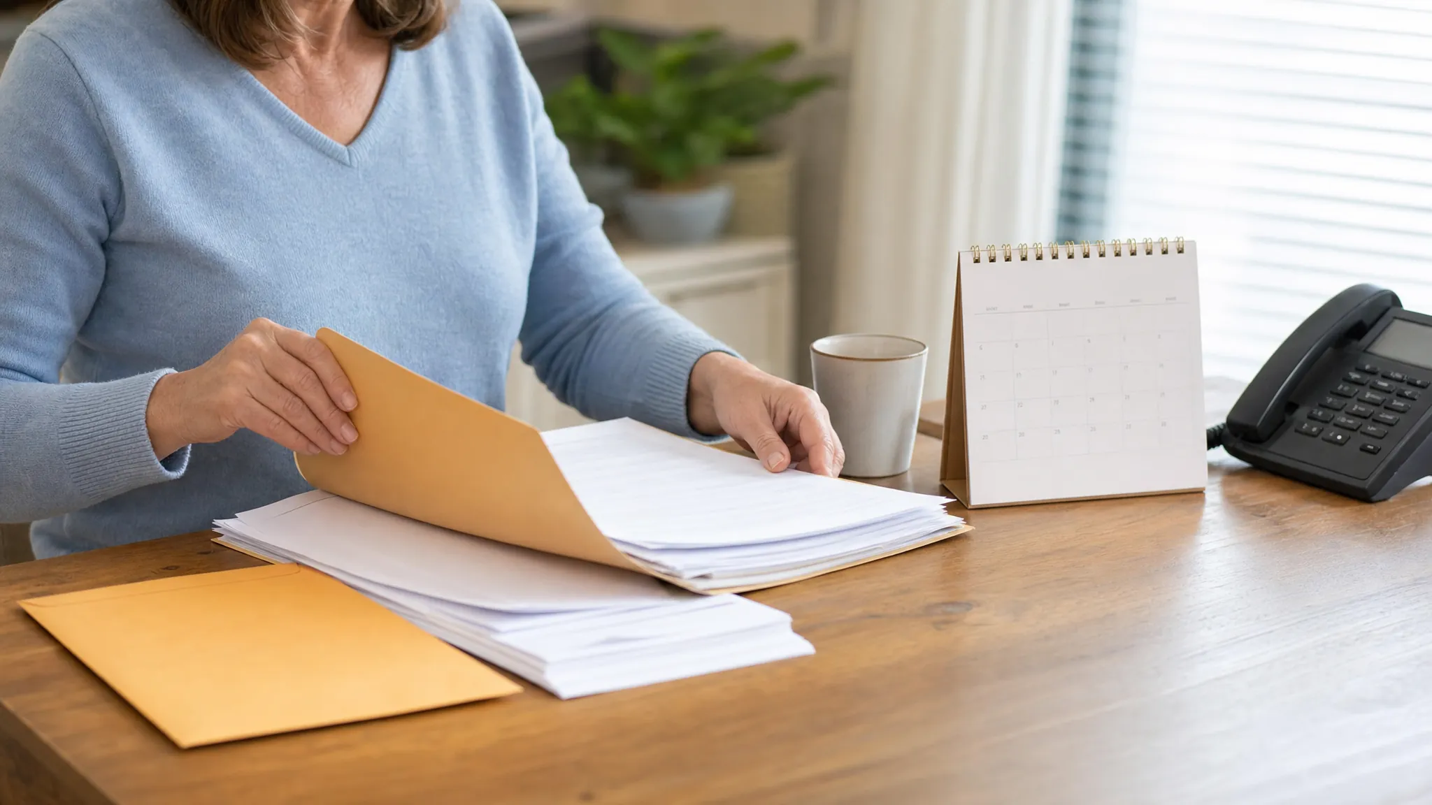 A person organizing coverage papers, a calendar, and a phone on a home desk