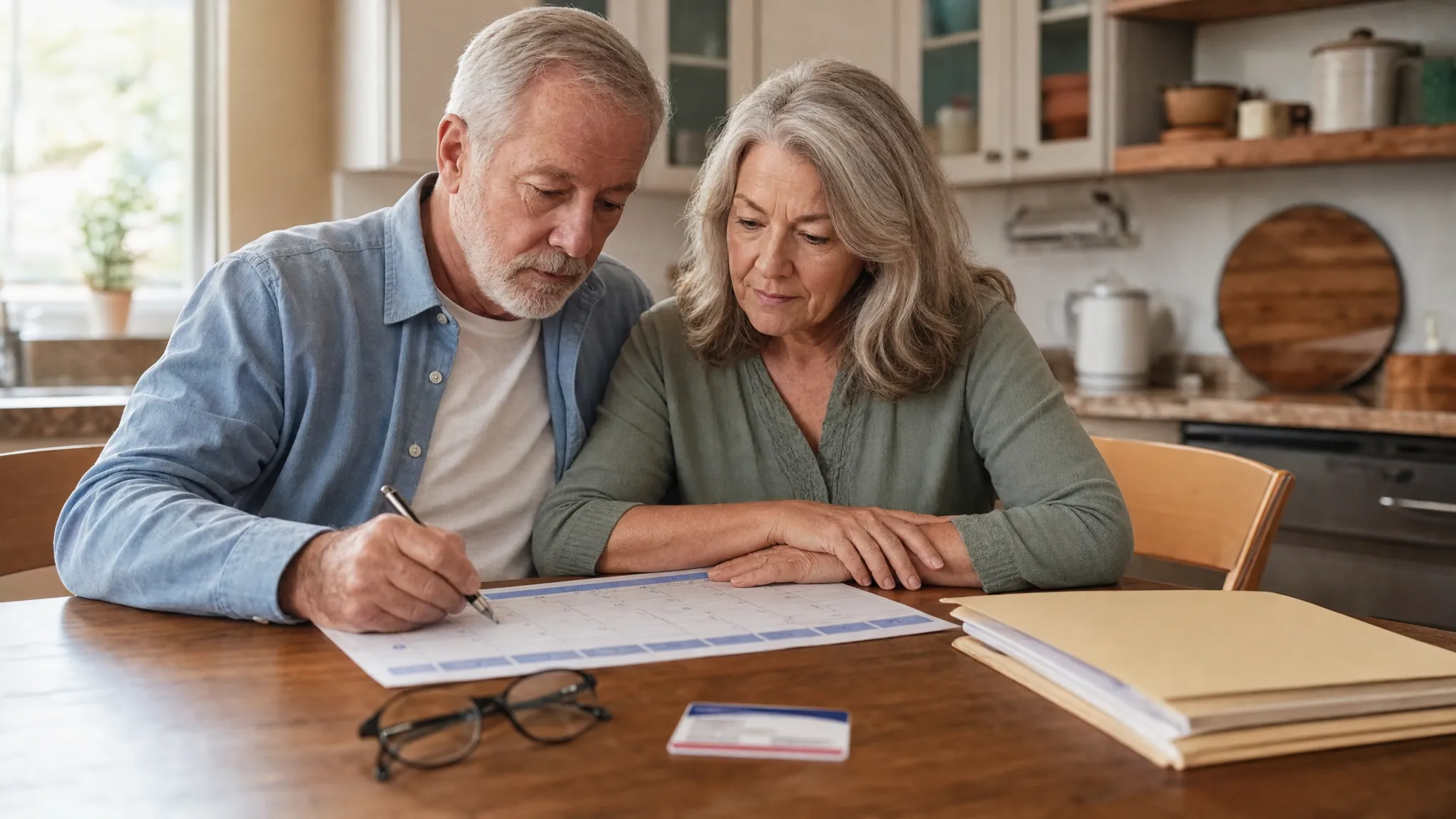 A couple reviewing a calendar and coverage papers at their kitchen table