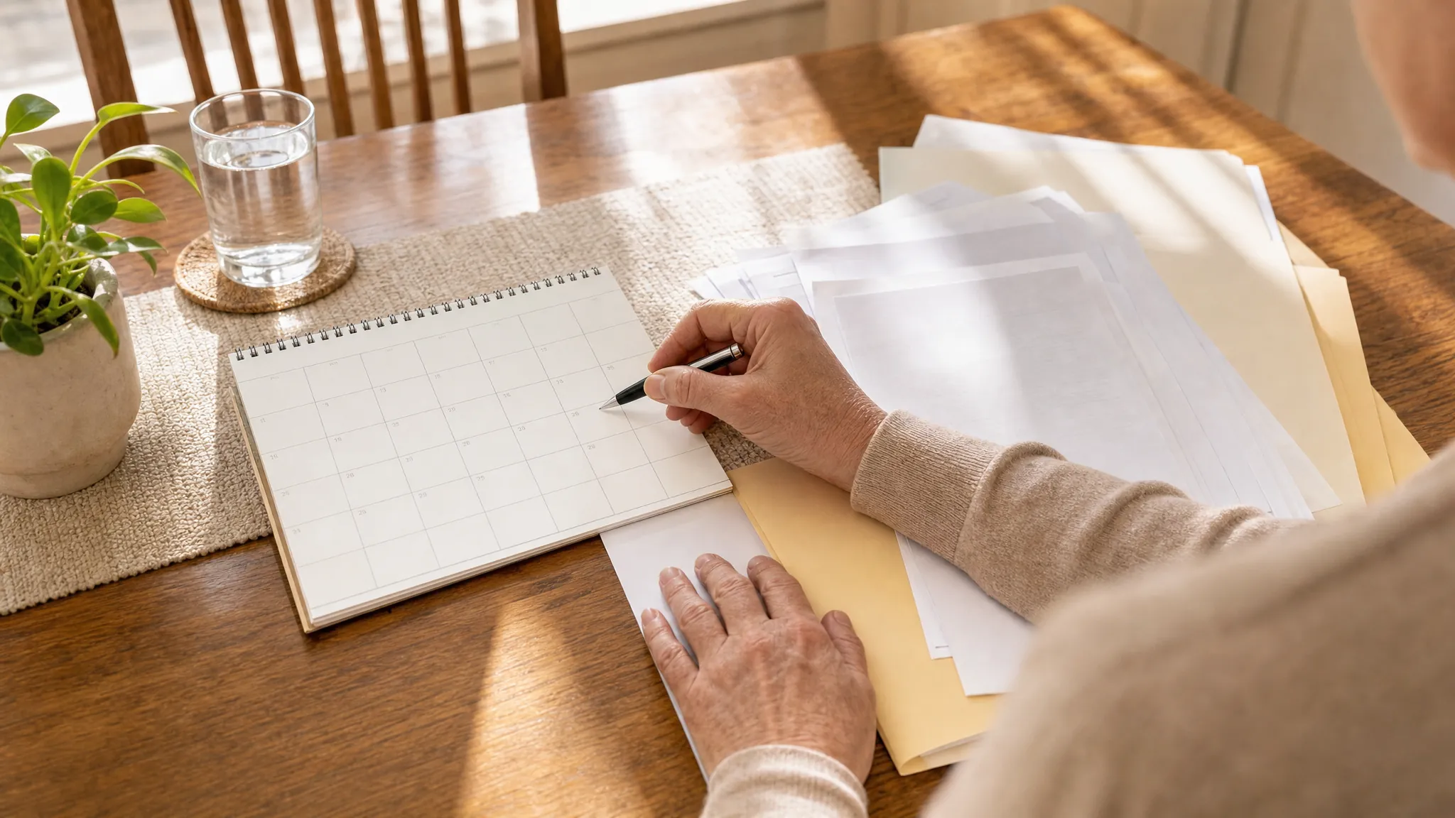 A person marking a calendar beside coverage documents on a table