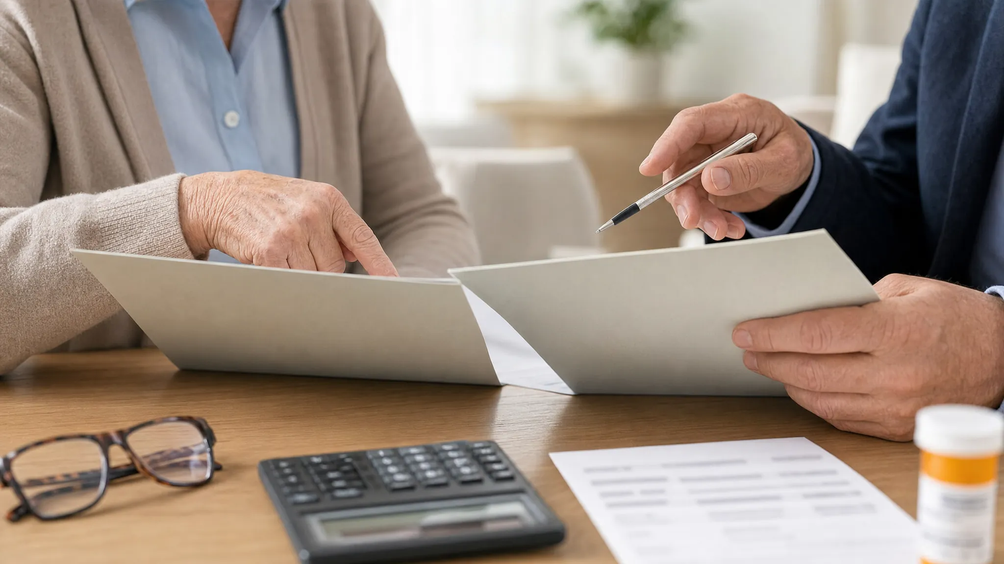 Two people comparing policy folders and coverage details at a table