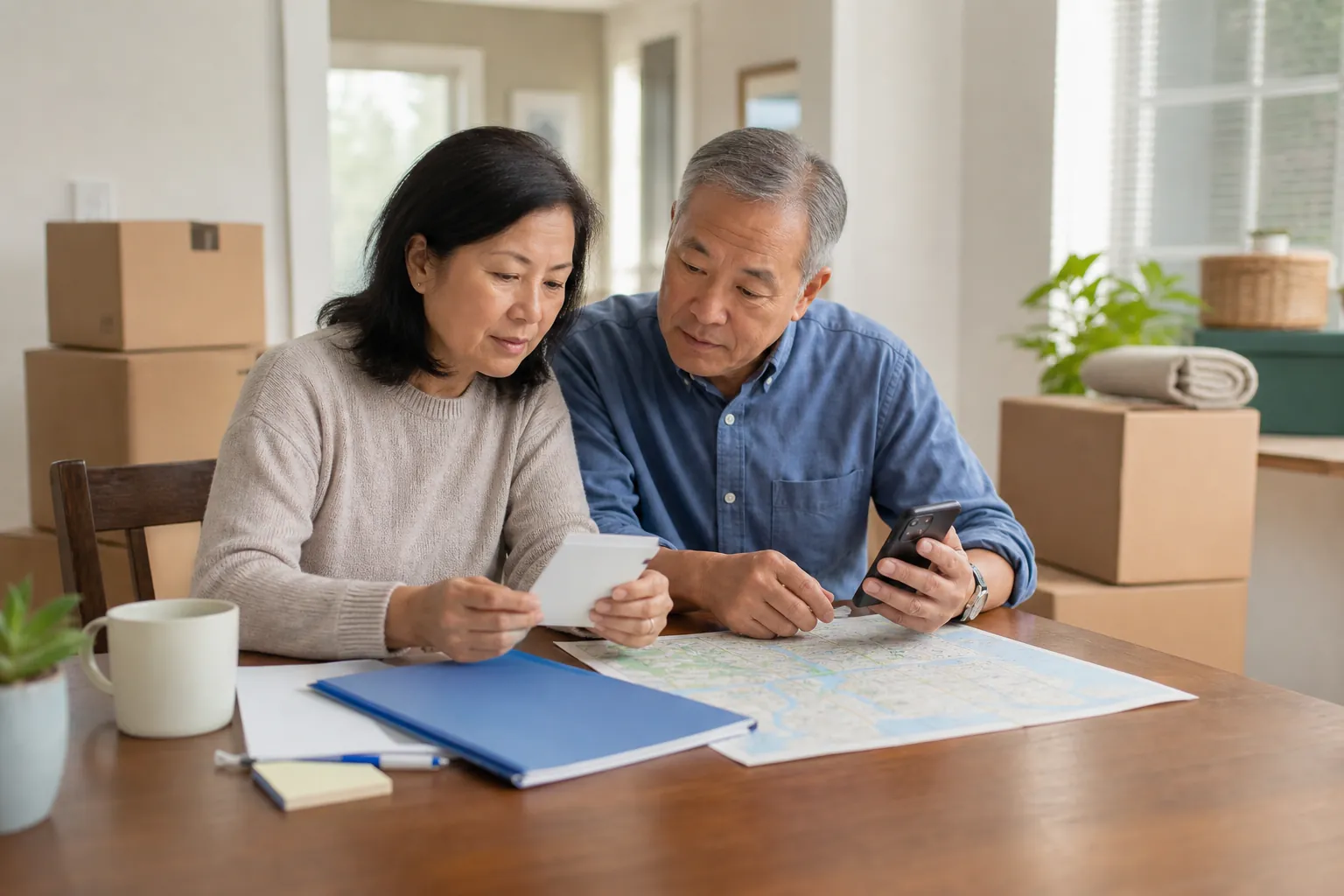 A couple planning a move while reviewing a map and health plan materials at their table