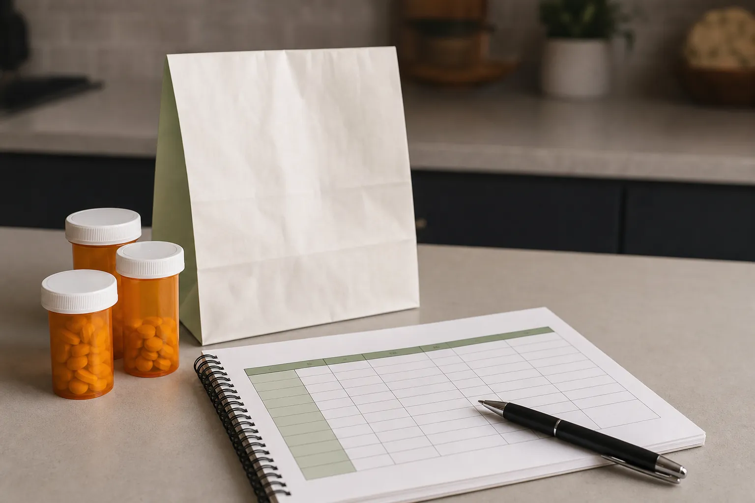 Prescription bottles, a blank pharmacy bag, a notebook, and a pen on a counter