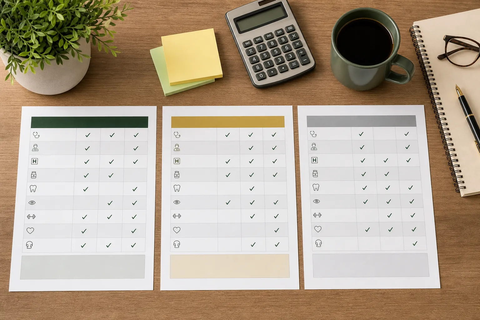 Three health plan comparison sheets with checkmarks, a calculator, notes, and coffee on a desk