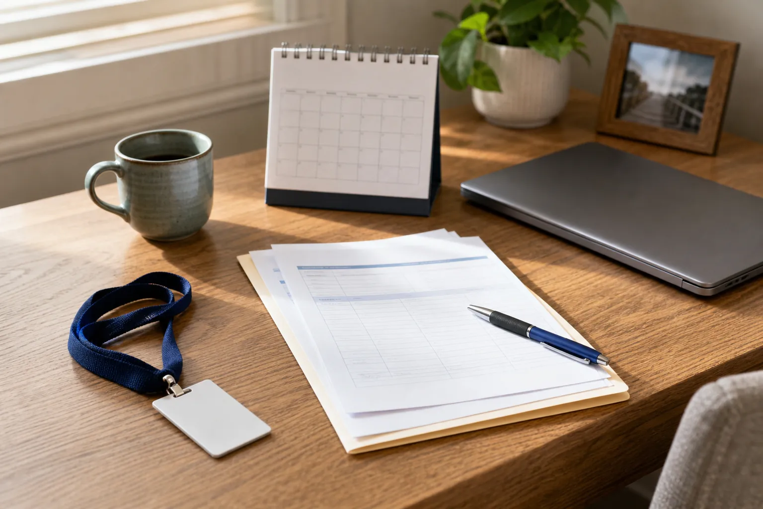 A calendar, work badge, health coverage papers, and laptop on a home office desk