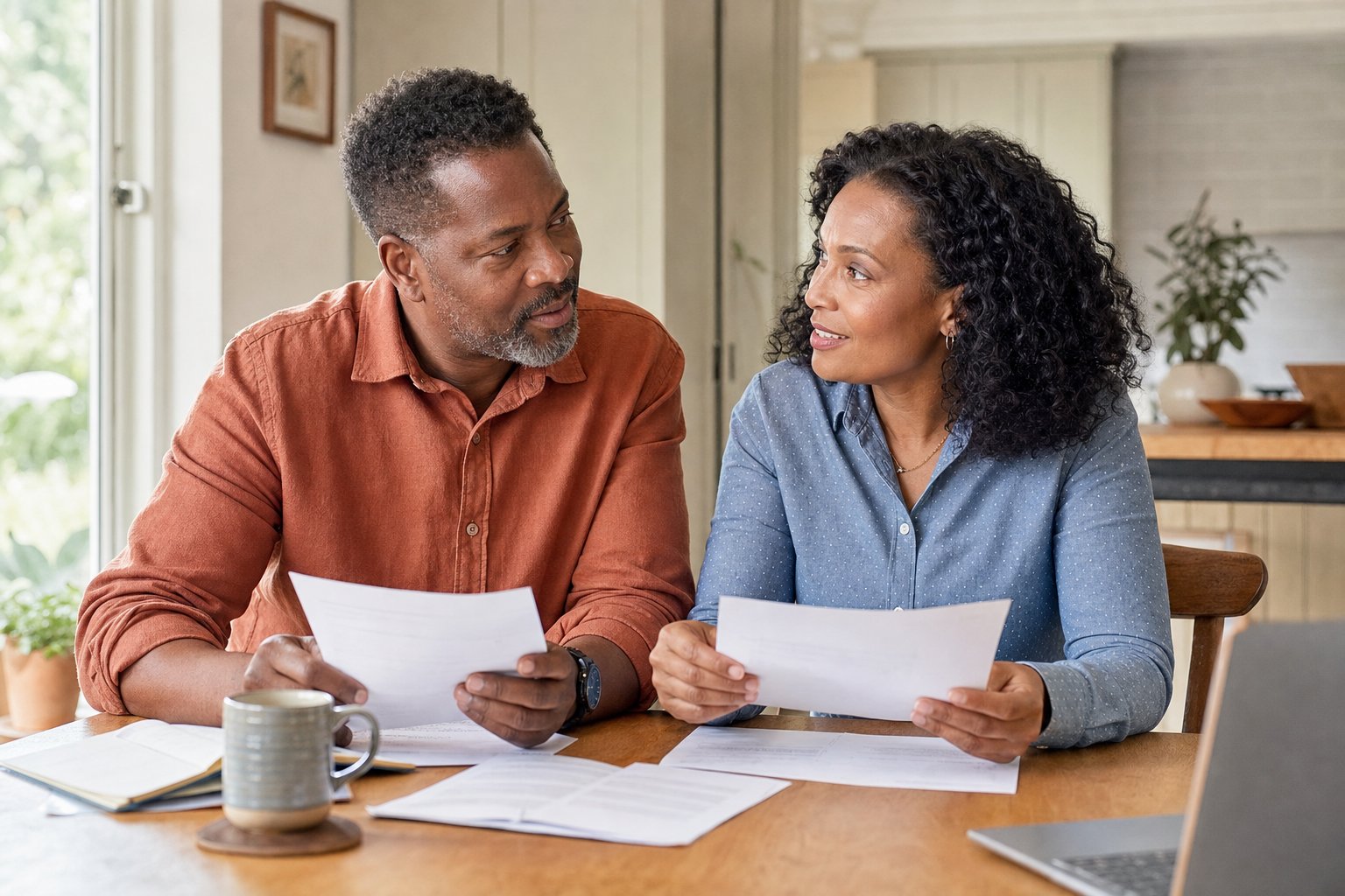 Couple reviewing family financial papers together