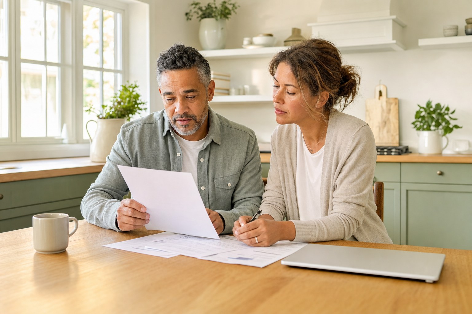Couple reviewing health insurance papers together at a kitchen table