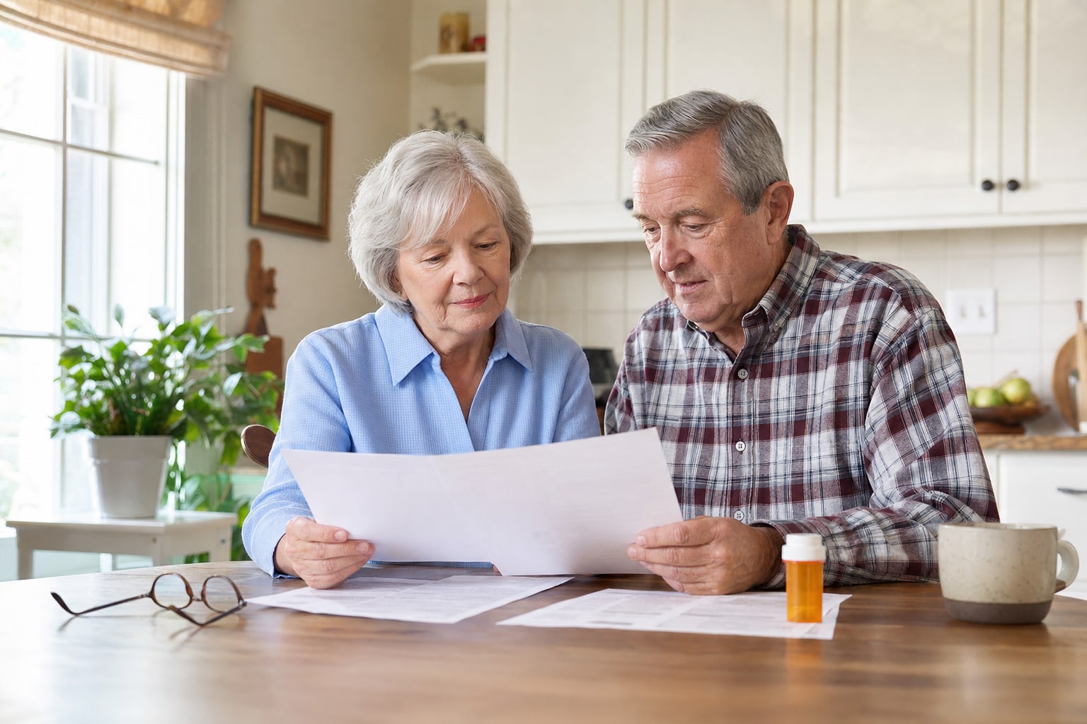 Older couple reviewing Medicare plan paperwork at their kitchen table