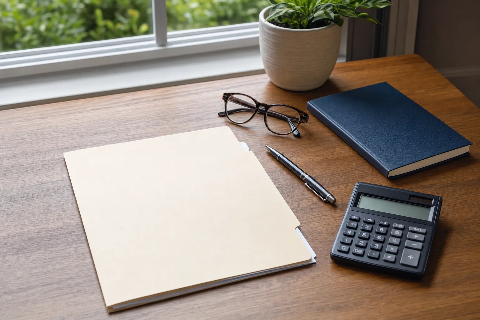 A folder, calculator, glasses, and notebook arranged on a desk for a careful insurance cost comparison