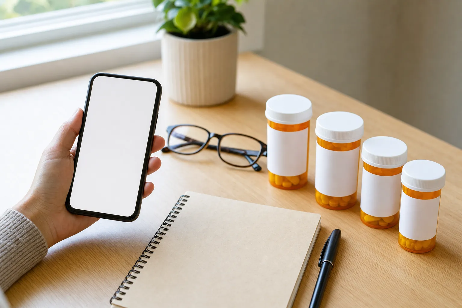 A phone, glasses, notebook, and unlabeled prescription bottles arranged for a coverage check