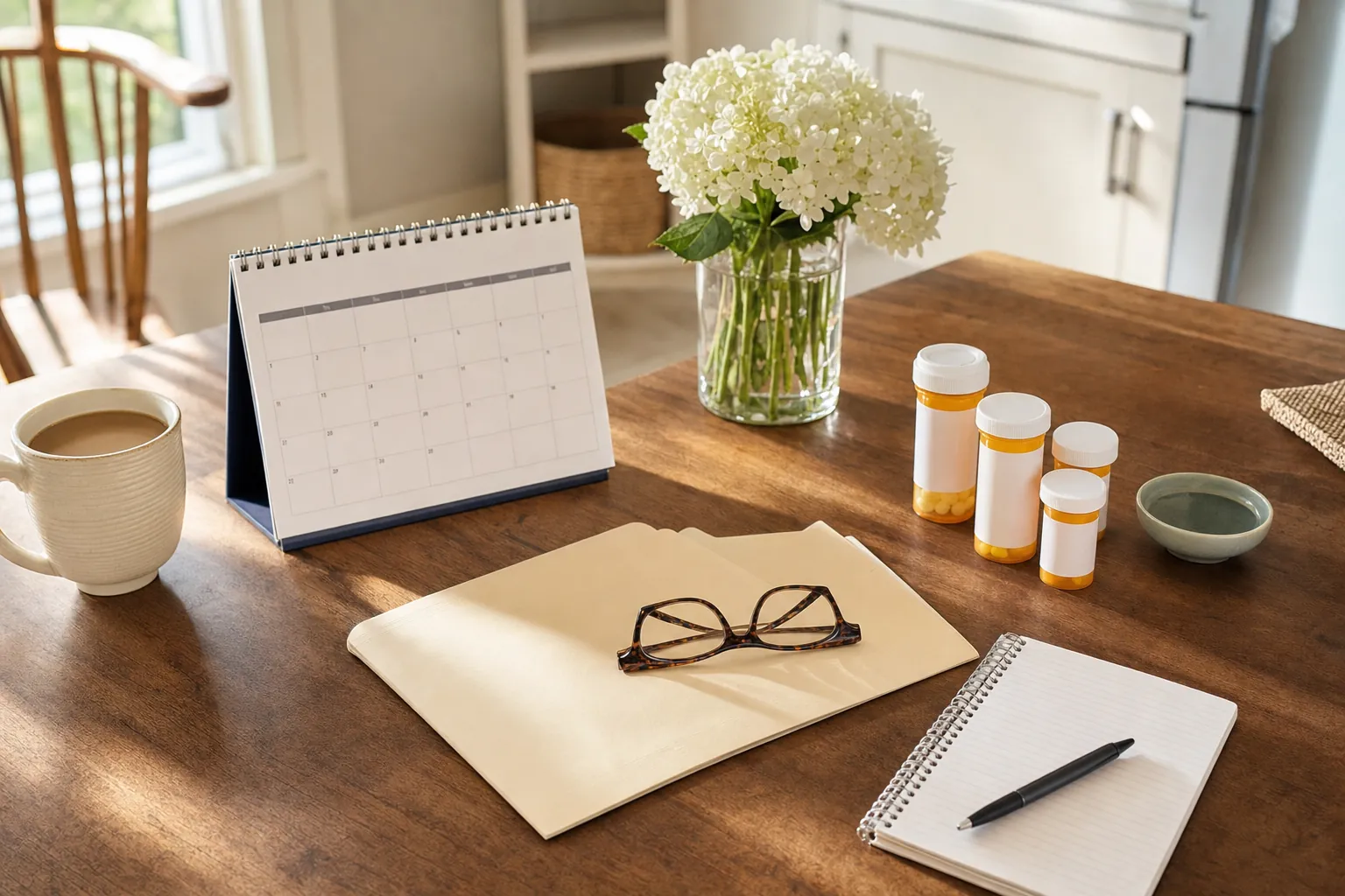 A January calendar, plan folder, glasses, and prescription bottles arranged for a Medicare coverage review