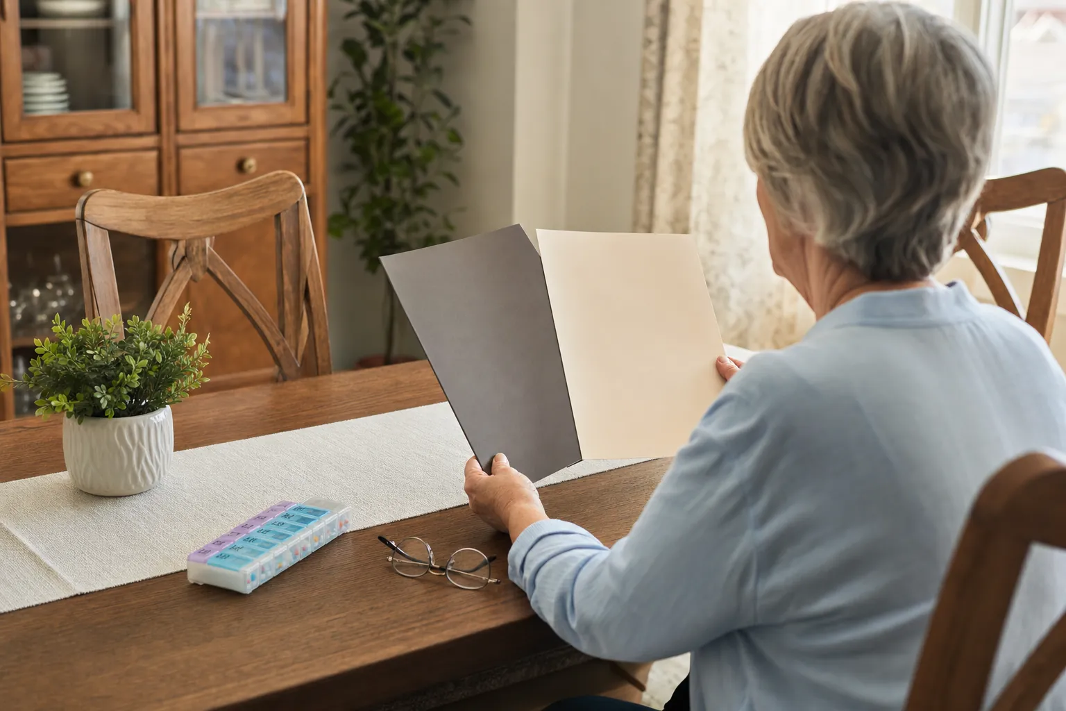 A person reviewing two plan folders beside a pill organizer and reading glasses at a dining table