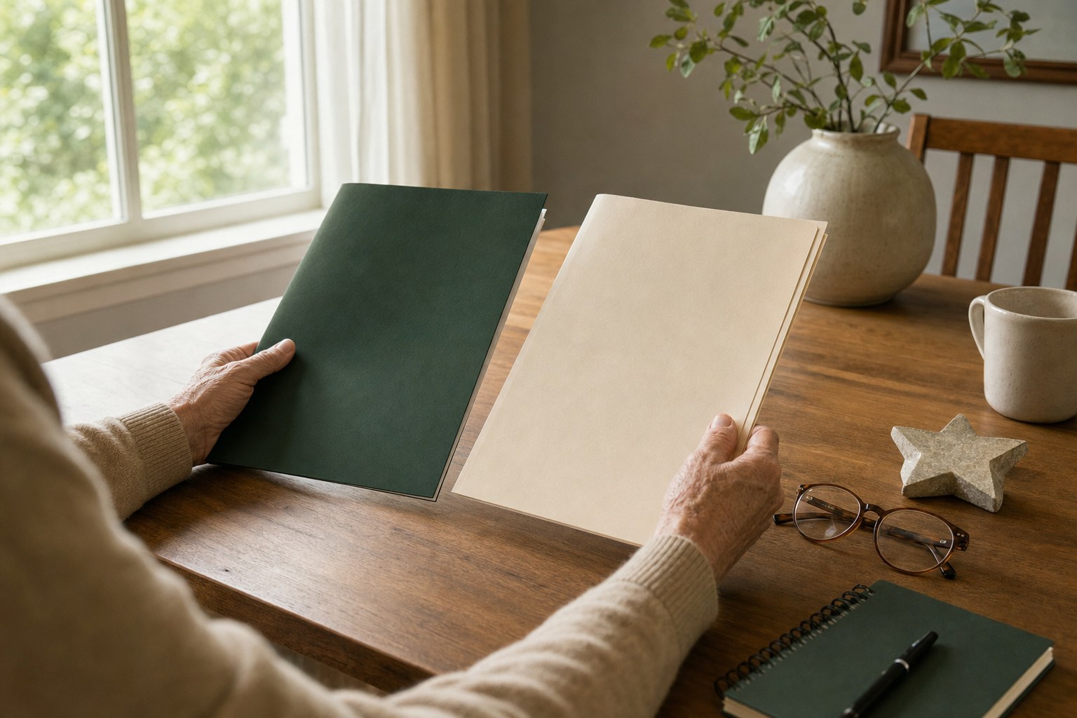 Person comparing two plain plan folders at a home table