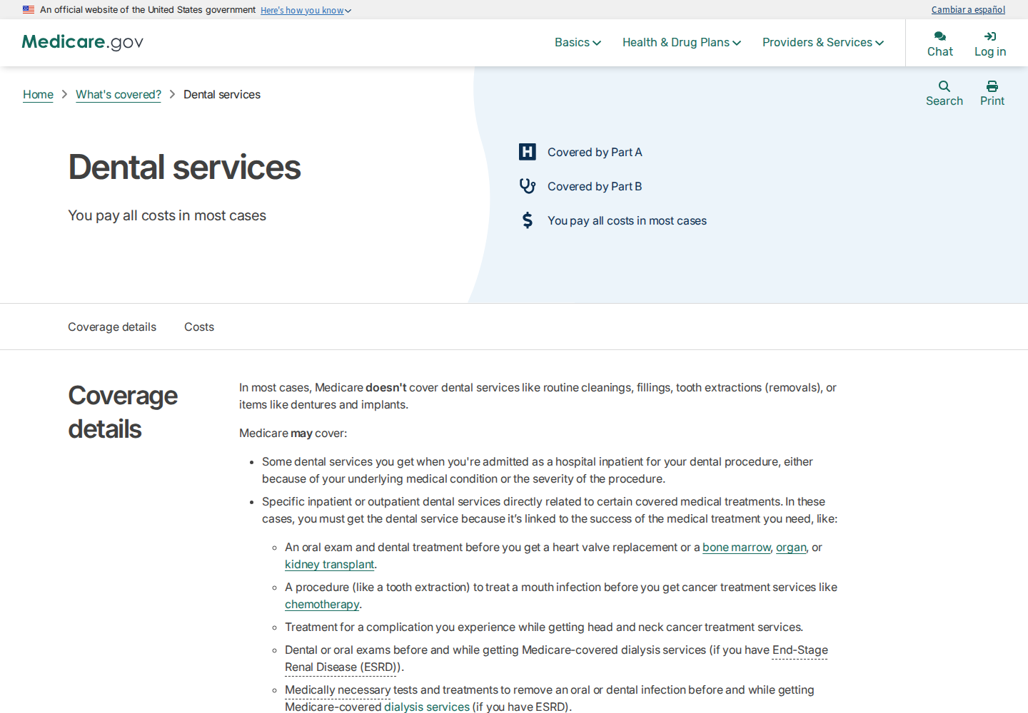 Official Medicare dental services coverage page
