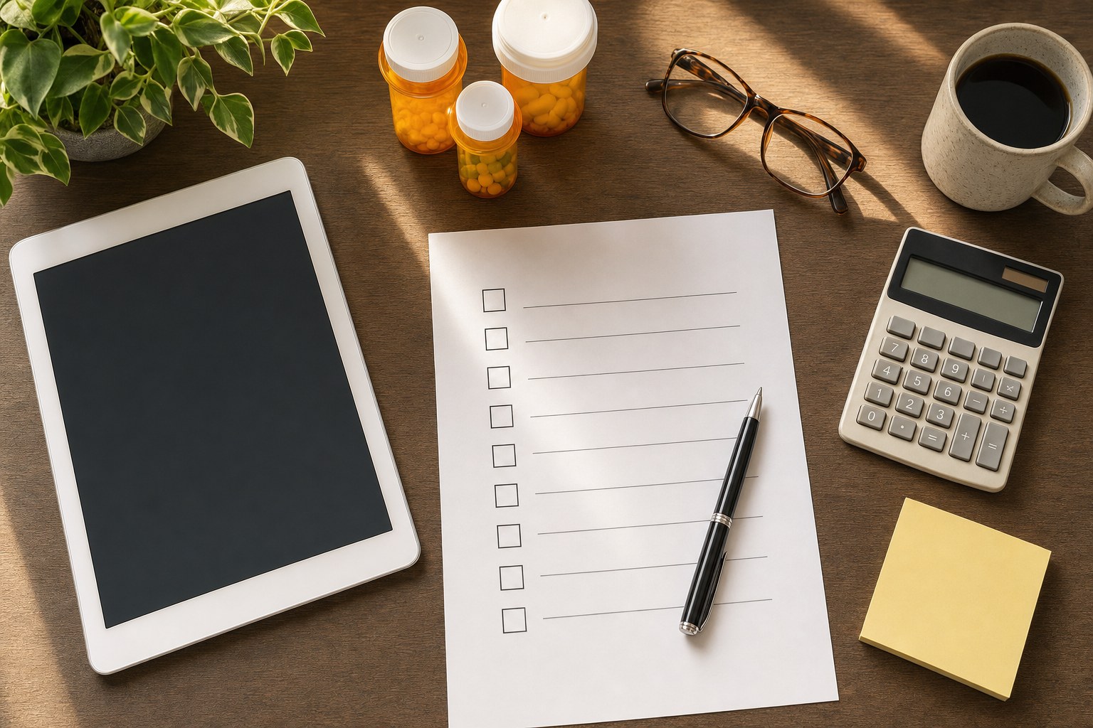Prescription bottles, a blank checklist, tablet, glasses, and calculator prepared for a plan comparison