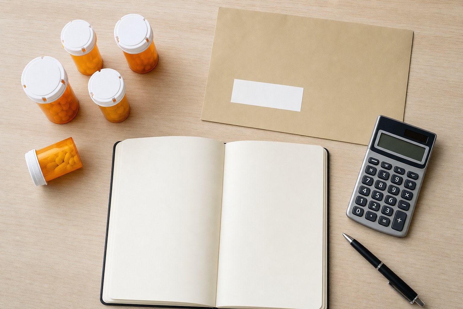 Prescription bottles, a calculator, blank notebook, and coverage envelope arranged for a drug-plan review