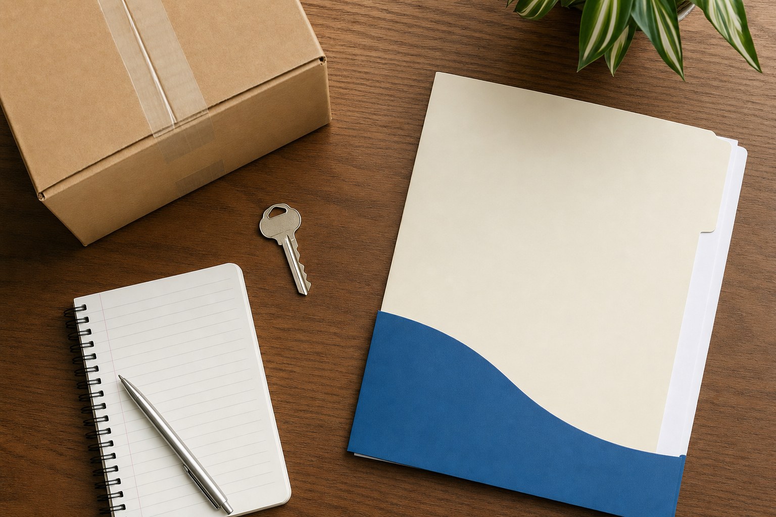 A moving box, house key, folder, and blank notebook representing a coverage review after a move