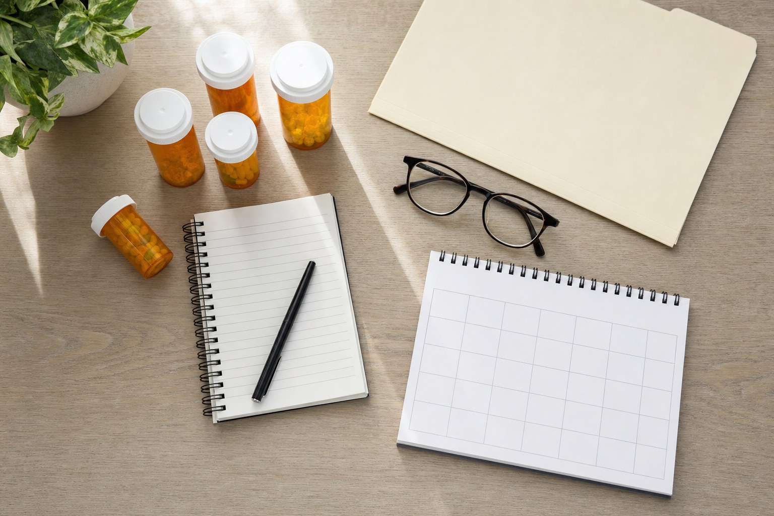 Prescription bottles, a calendar, reading glasses, and blank planning papers on a table