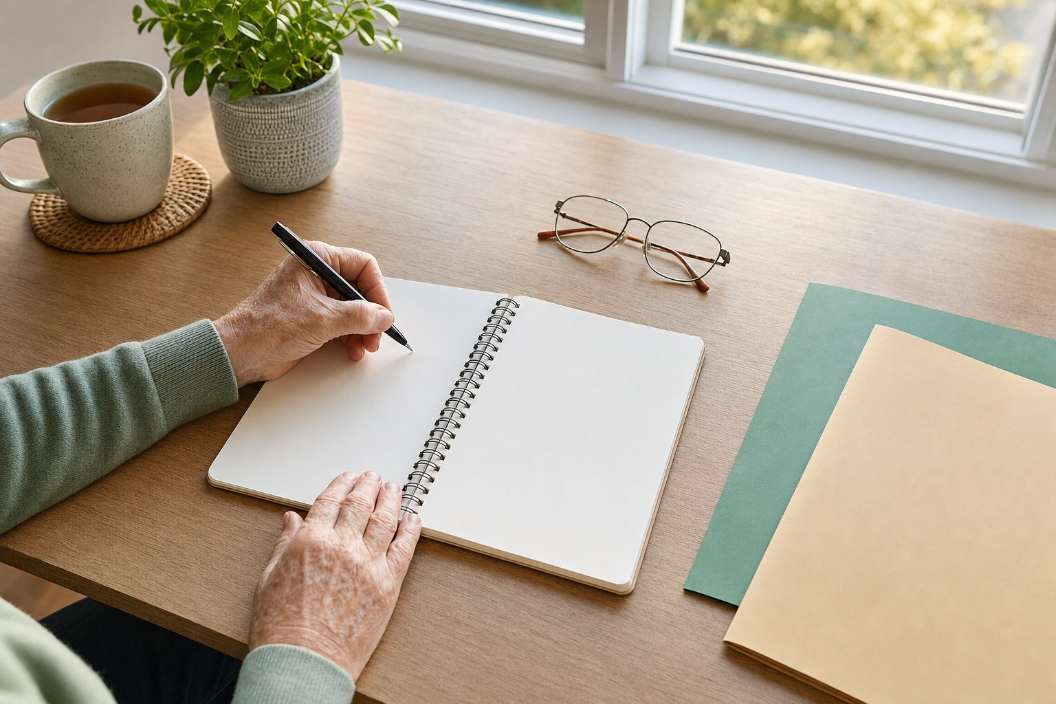 Person making a blank comparison list beside plan folders and glasses at a home desk