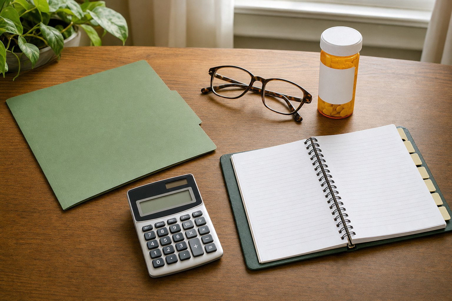 Plan folder, calculator, glasses, notebook, and prescription bottle prepared for a coverage review