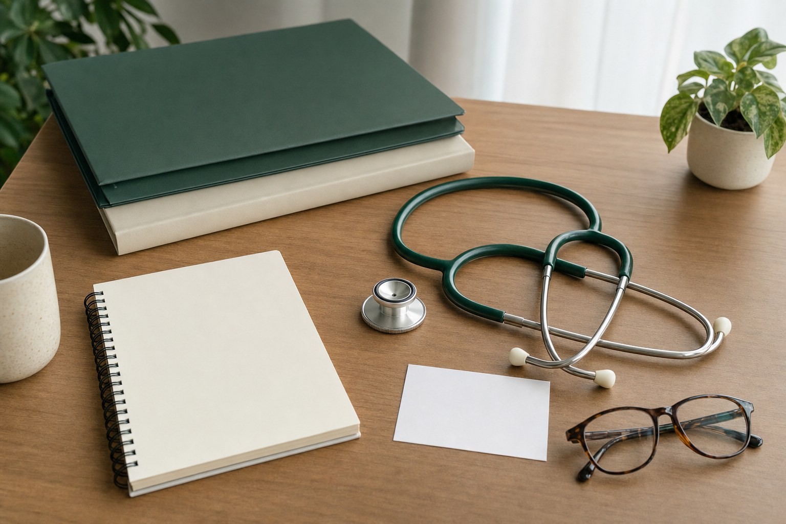 Stethoscope, notebooks, glasses, and plan folders arranged for a doctor and plan review
