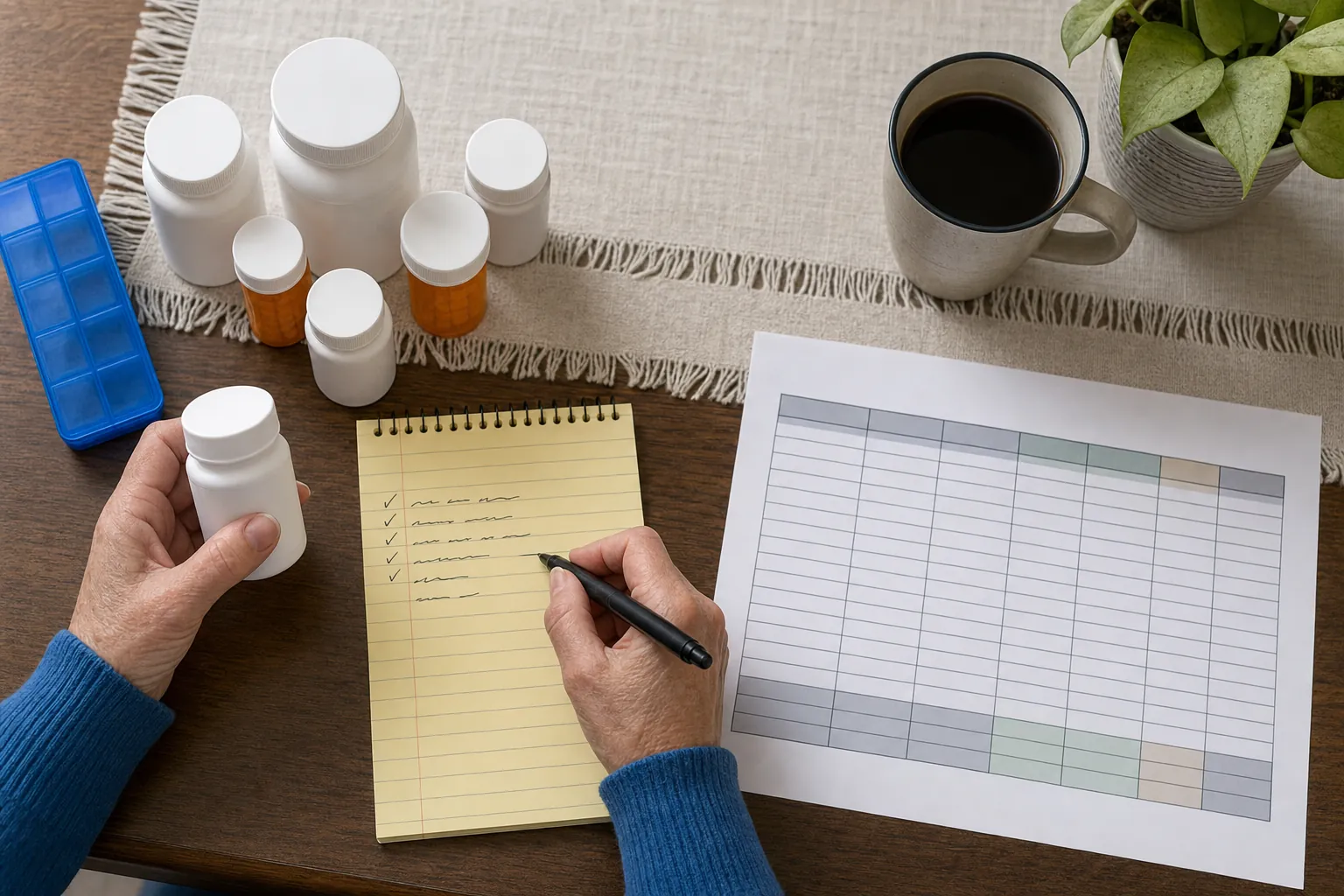 A person comparing a medication list, pharmacy bottles, and a generic plan worksheet