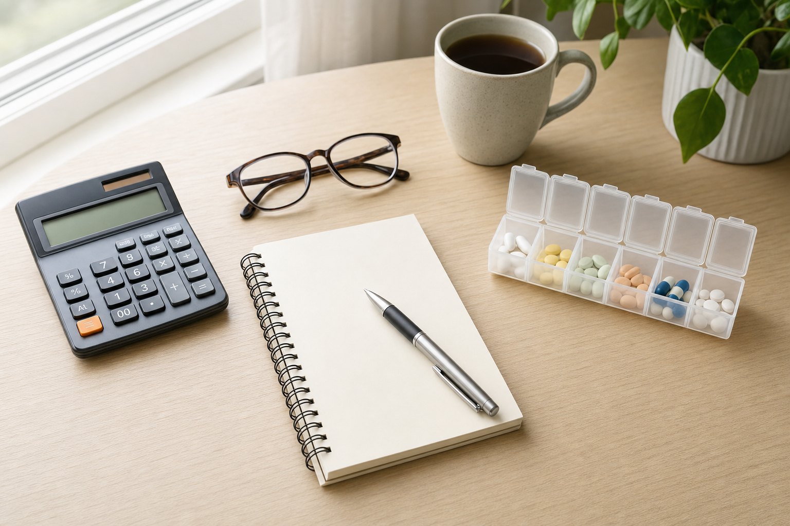 A calculator, eyeglasses, pill organizer, and blank notebook arranged for a Medicare cost review