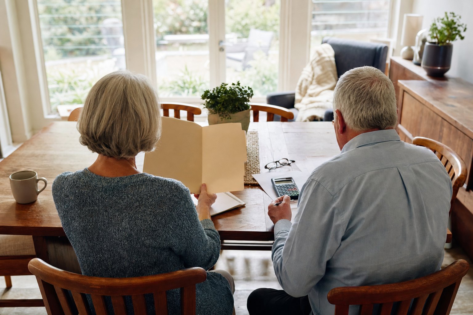 A mature couple reviewing a folder and household budget at a dining table