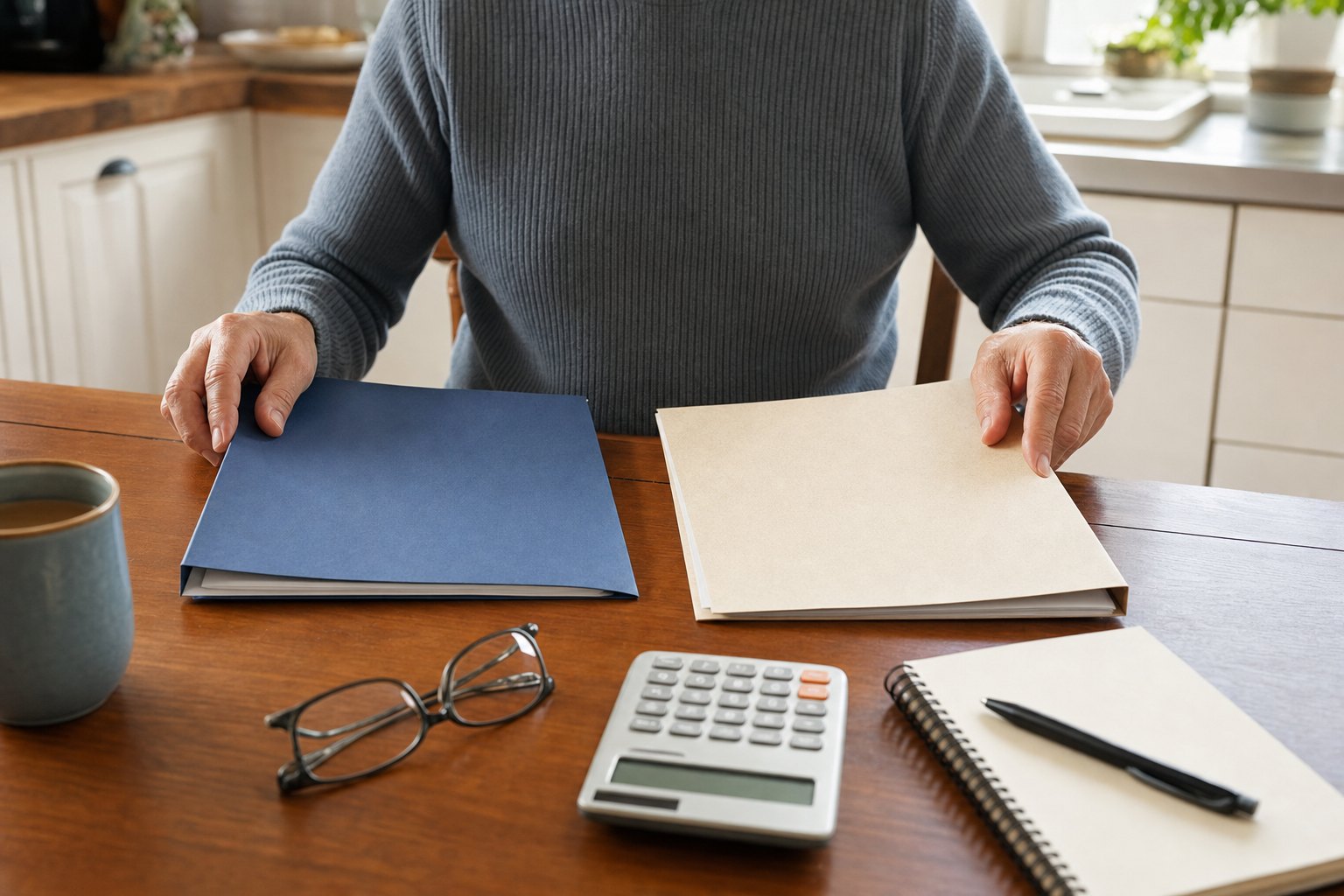 A person comparing two plain folders with a calculator, notebook, and glasses on a kitchen table