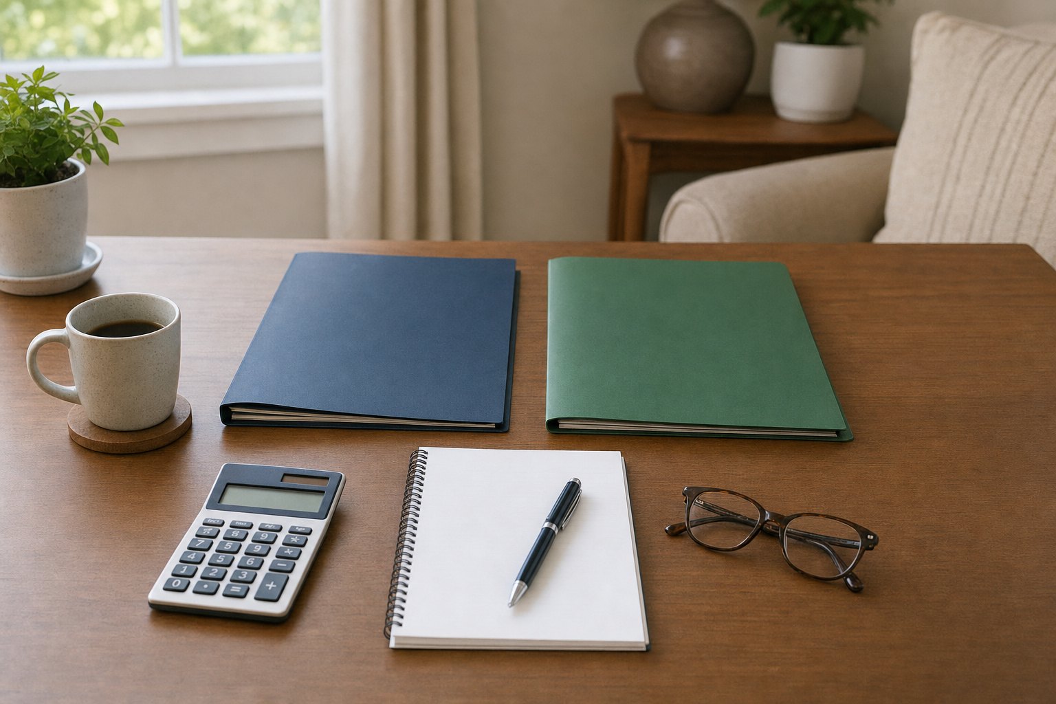 Two plain folders, a calculator, glasses, and a notebook arranged for a Medicare Supplement comparison